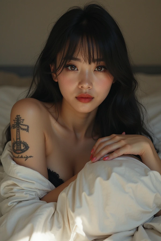 A 15-year-old girl,short black hair,Shy,blush,Wear only black and,There are four packs,Arms covered with tattoos,sitting on bed,Big breasts,front,Hand on face