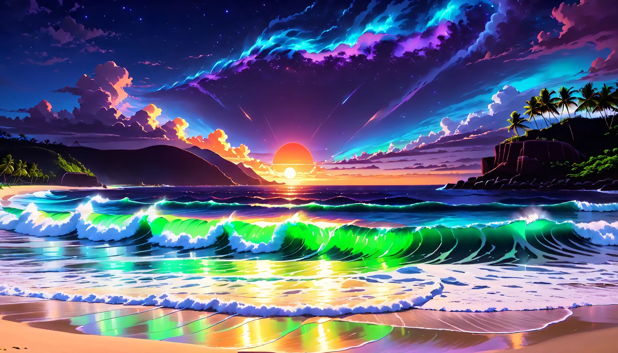 超high image quality,high image quality,high quality,Spectacular views at night,Tropical Beach, light green to bright green ,The ocean breeze is blowing,blue fluorescent beaches expand spectacular ocean views,(There are also dark purple and orange single-luminescent beaches with blue light shining over huge waves), very mysterious and beautiful ,Glowing Waves , night light appears on waves , emits ,Biofluorescence,Various microorganisms are the light source, that shines steadily , shows all kinds of light ,Glows from blue to bright blue-green、 fiery red , Ndulu Island also has 、There are also dark purple and orange single-light beaches, Maldives,The shining Milky Way Galaxy is clearly visible in the sky,big wave,
