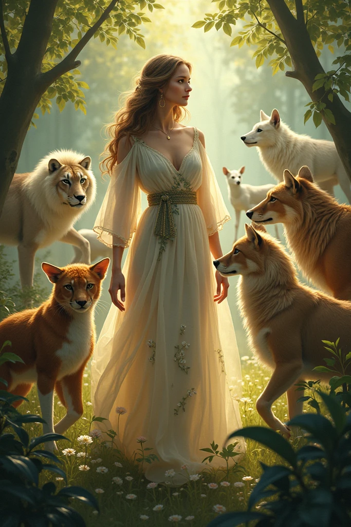 , hair,red, eyes,blue, smiling, surrounded by wolves