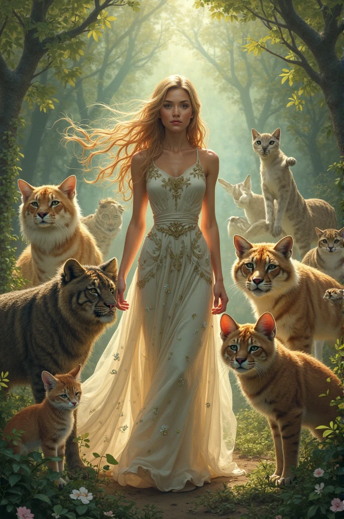 Portray Freya, the Norse goddess of love and beauty, riding her chariot pulled by two large cats. She is dressed in a flowing gown, with golden hair cascading over her shoulders, and a necklace glowing with magical energy. The scene is set in a mystical forest with northern lights illuminating the sky. —ar 9:16 —s 1000