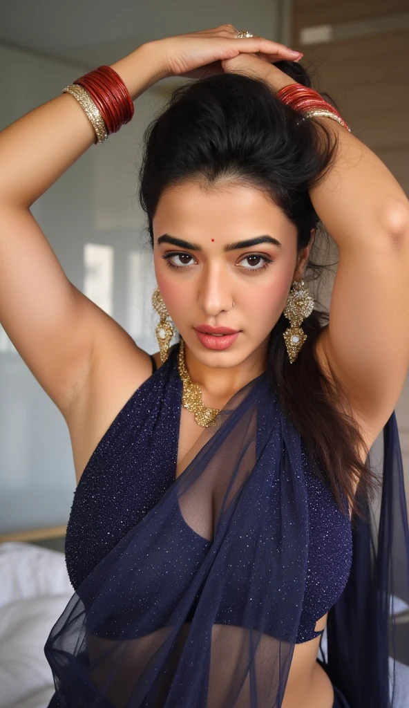 beautiful young woman,shriya saran, in a strapless top with her hands on her head, armpit, supermodel body, wearing strapless top, midriff, portrait, outside, portrait, eyes open,  ward winning photo, best quality, upper body, nikon d850 film stock photograph 4 kodak 400 camera f1.6 lens rich colors hyper realistic lifelike texture natural lighting trending on artstation cinestill 800, (100mm lens)