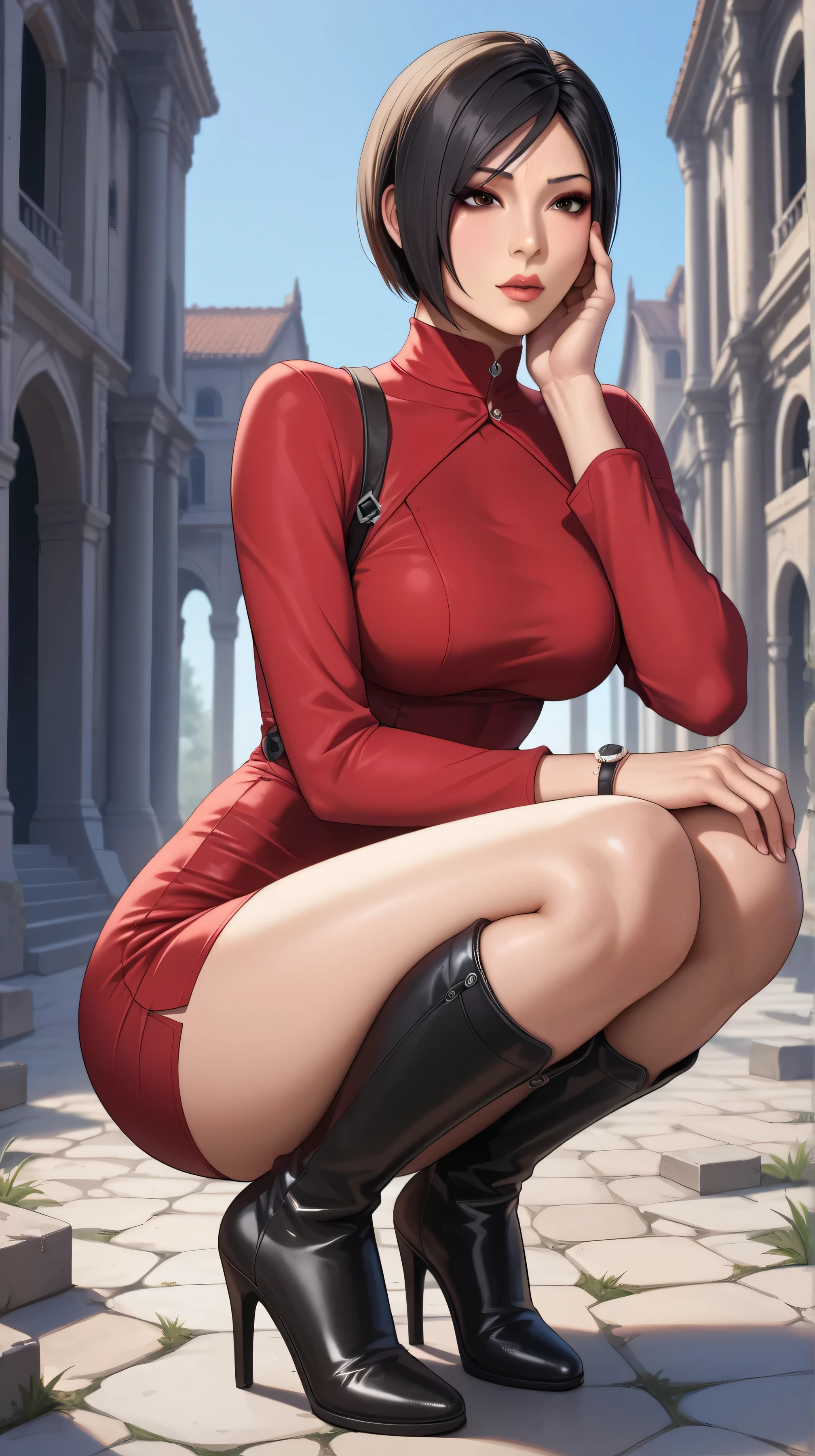 ada wong ,A girl with black hair, shoulder length short hair, red dress, tight fitting dress, mini skirt, high neck, long sleeves, squatting position, squatting, black boots, knee high boots, beautiful legs, long legs, perfect figure, beautiful Asian girl, short skirt, no stockings, high heels boots, one hand supporting face, one hand holding a gun on the ground, perfect figure, black underwear, masterpiece, high-definition, beautiful legs, long legs, background in ruins, left leg tied with black strap