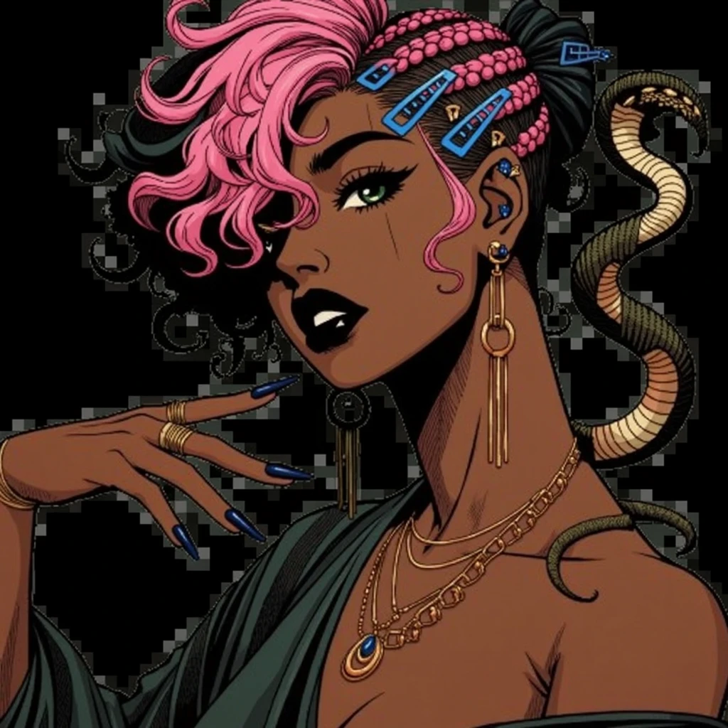 (masterpiece:1.2), (best quality), (ultra detailed), (8k, 4k, intricate),(full-body-shot:1), (highly detailed:1.2),(detailed face:1.2), (detailed background),there is a young woman with black and magenta dreadlocks and piercings posing for a picture, with curly magenta hair, big breasts, sexy black crop top with long sleeves and circle-shaped silver necklace, big breasts, thick eyelashes, black eyeliner