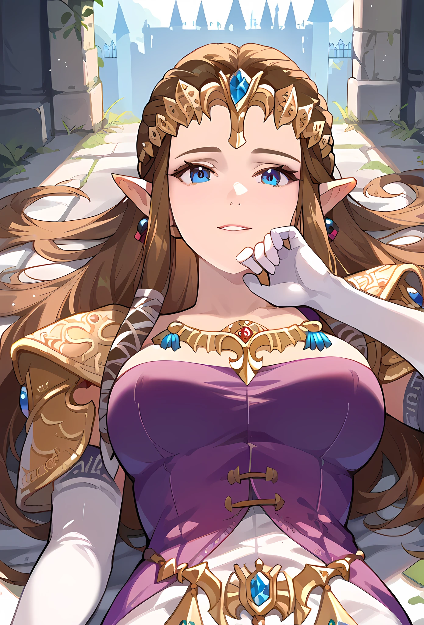score_9, score_8_up, score_7_up, 1girl solo, tpzlda, dress, large breasts, lost series of battles:1.3, lying, on her back, defeated and dead, slight smile, close-up, looking at you, castle, medieval arquitecture, Zelda dying slowly, morbid Game Over screen