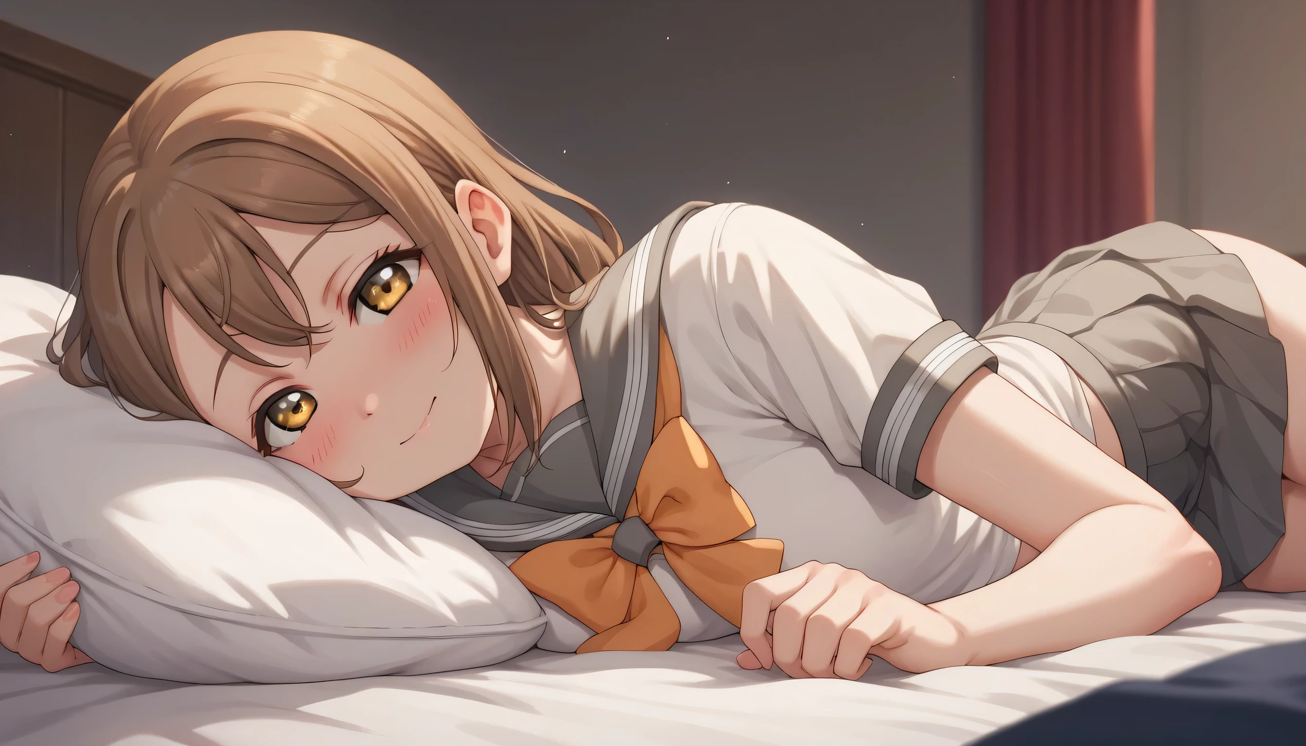 An image of Hanamaru Kunikida with blushed brown hair, looking at the camera wearing a Sailor fuko and short gray skirt lying on a bed in a bedroom