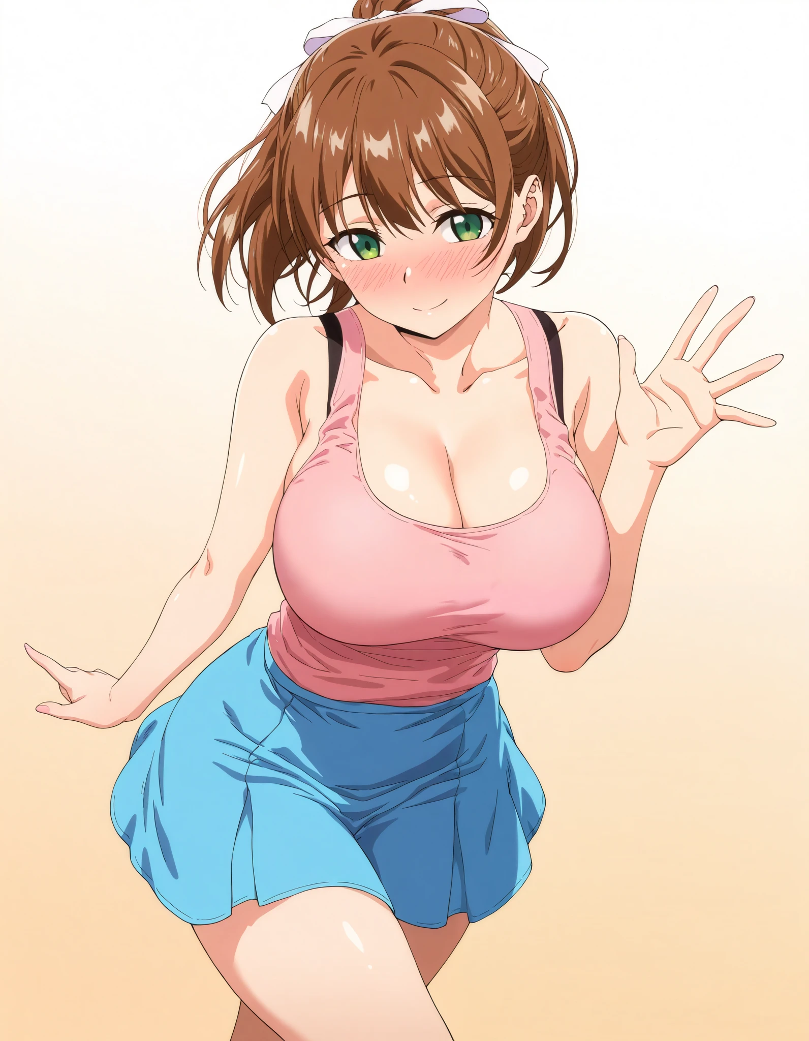 masterpiece, best quality, very aesthetic, absurdres, highres, newest, anime, realistc,Kasuga,solo,1girl,big breasts,5 fingers,5 fingers, short hair, looking at viewer, blush, smile, skirt, brown hair, ribbon, bare shoulders, closed mouth, green eyes, standing, collarbone, hair ribbon, ponytail, sleeveless, blue skirt,cleavage, tank top, pink shirt, crossed legs, standing dynamic angle,sexy pose, waving, smile, sexy look, embarrassed,simple background, black and white gradient background,