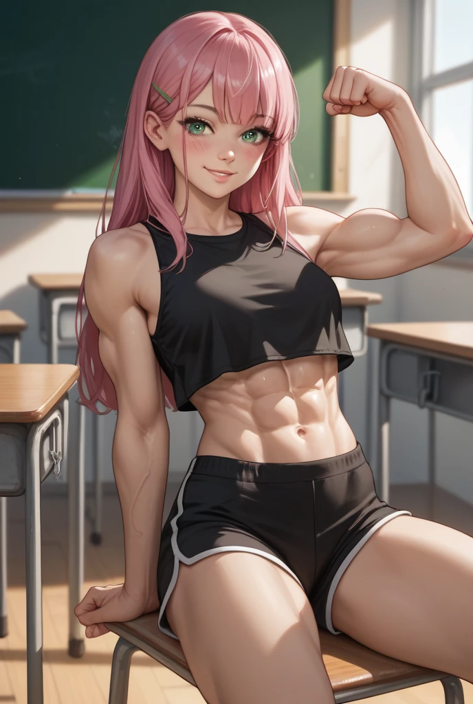 1 long hair, girl in school uniform, mini skirt, pink hair, look away, Sit and spread your hips, Awkward, blush, cry, mouth closed, classroom (girl leaking pee)best lighting) , (Extremely complex and detailed) , 4K unified, (Super detailed CG: 1.2) , (8k: 1.2),(The original), (masterpiece) , (best quality),(masterpiece:1.4),Anime-like high quality,(masterpiece),masterpiece, Super clear picture quality，Billy&#39;The face is clearer）best quality, Ridiculous Easter Peace, 4K, 8k, Yes, high resolution))1个girl, female student，Smile，马尾辫girl脸上灿烂的笑容，tight waist revealing shorts，ten pack abs，clear abdominal muscles，Abdominal veins carved into abdominal muscles，强壮的腹肌 Exaggerated abs，Thick and firm abdominal muscles，Absolutely unparalleled abs，Abdominal muscles are very toned，Deep groove between abs bodybuilder:1.5)),Inside the house,(beautiful bass),(girl),(miss),(((Upper body:1)))There are deep grooves between abdominal muscles，Thickness performance，indestructible muscles，Abdominal muscles have strong contrast between light and dark,Belly bulge，You can see the drawing status of muscles，Achieved perfect muscle-building effect，Abdominal muscles are very thick，There are gullies between the abdominal muscles，Cover each other，from the side, it looks like a raised hill.，Imagine abs that are harder than diamonds，delicate skin，Abdominal muscles show perfect picture，Absolutely zero belly fat，Abdominal muscles as thick as steamed buns，Exaggerated abs，The world&#39;s top abs，Abs like a world champion，Abdominal muscles that break through the worldview