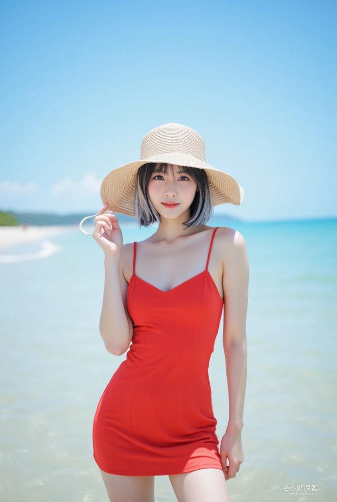 situation: Outfit for a photo shoot on the beach with the sunset as the background: One piece swimsuit(cut out、Bright red)
Pause: 背中を反らしてセクシーなPause
表情: Smiling Hairstyle: Upstyle