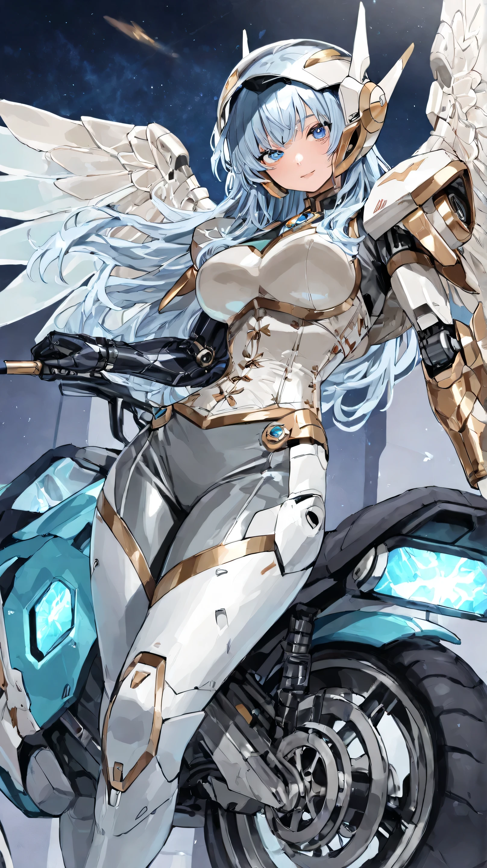 realistic、high resolution、woman、droid、Mecha Maiden、Machinery Parts、droidジョイント、single mechanical arm、mechanical body suit、mecha corset、White mechanical body、cute woman riding a futuristic motorcycle、atoms Riding a marked nuclear motorcycle、future engine that opens automatically、Shakotan low center of gravity bike、akira bike、A princess in a mecha suit、Diamonds、sapphire、 emerald、gold、woman wearing a beautiful jewelled mecha suit、Wear a mechanical suit with wings、woman wearing a round clear glass helmet、woman wearing a spaceship helmet、cute、beautiful、Blue Eyed Woman、metallic、4K、pictures、best image quality