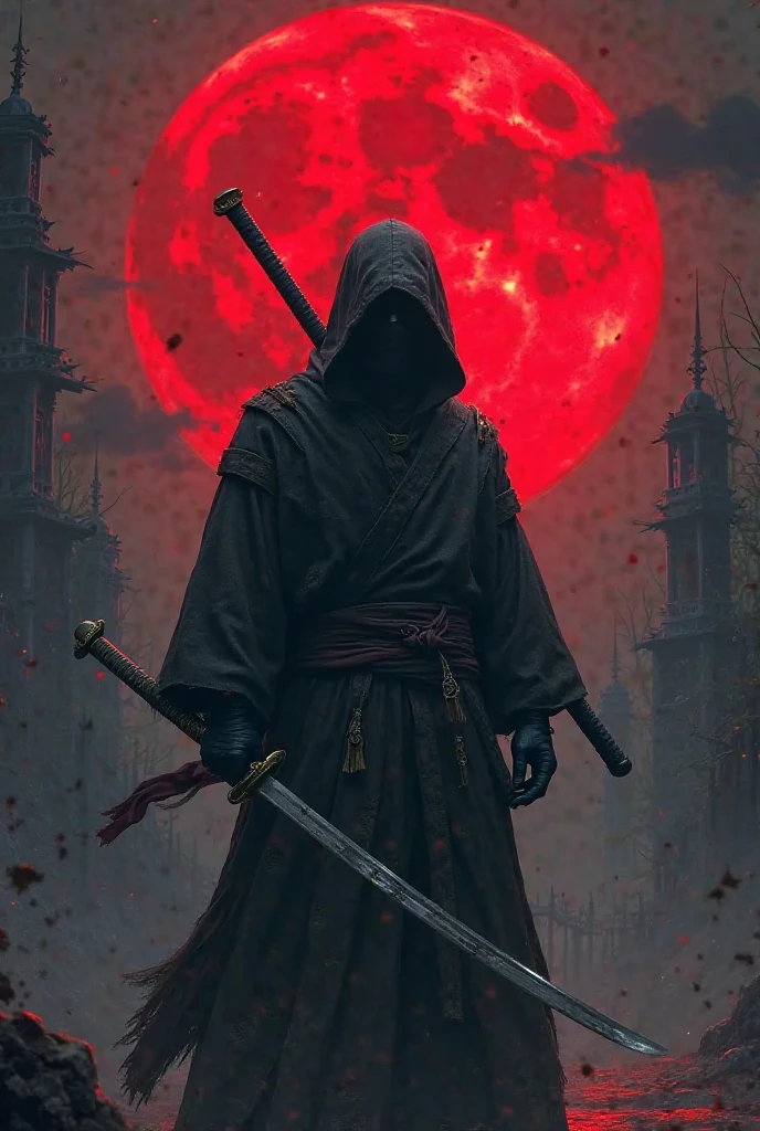 Ninja with katana in hand under the light of a red moon - SeaArt AI