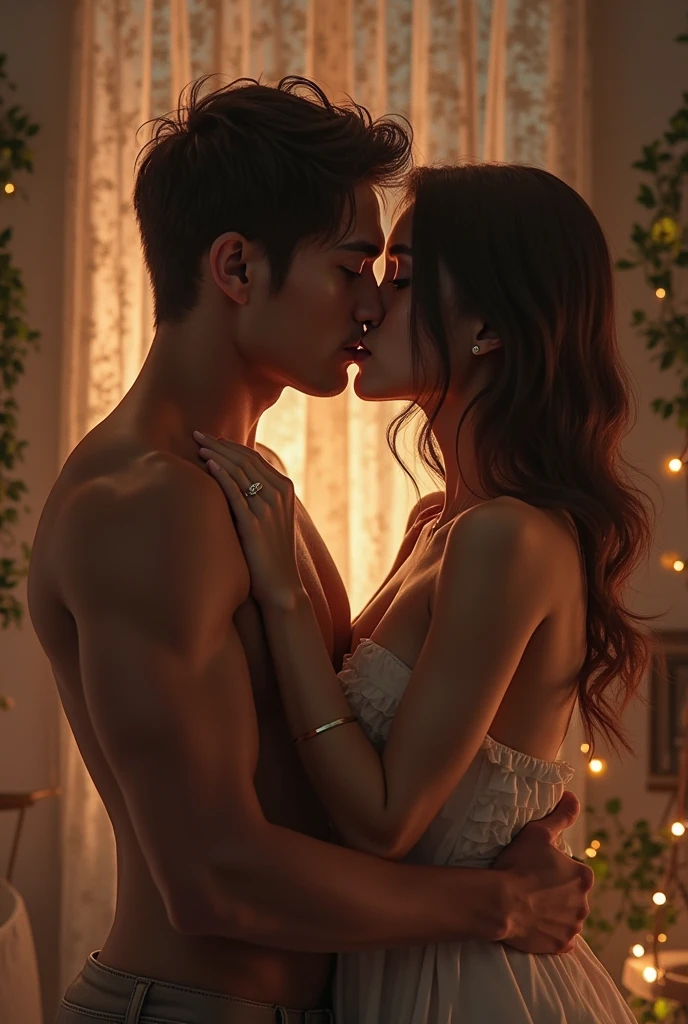  boy shirtless kissing woman wearing unbuttoned sheer white shirt and sexy red lingerie underneath, intense scene, dark room, one lamp, warm lighting, very erotic, sweaty, lustful, passionate, making out