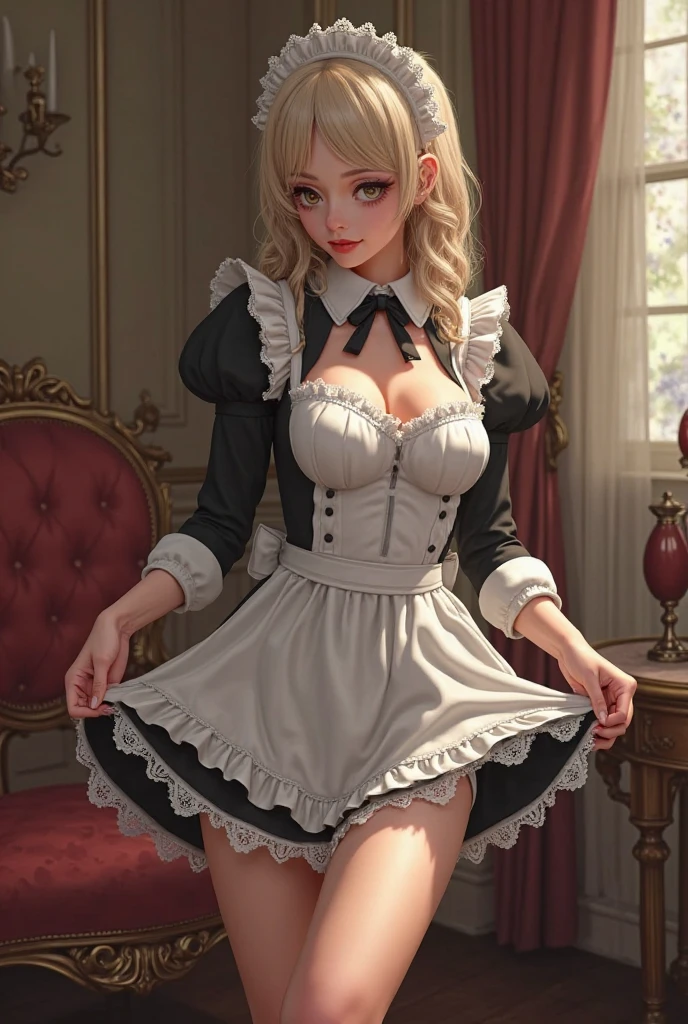 femme, adulte, Seulement, maigre, longs cheveux COLORED, les yeux COLORED, haut noir de femme MAID DENTELLE, pose sexy, (chef-d'artwork), (high quality), (best quality), (detailed), HD, Perfect lighting, detailed face, detailed body, maid LINGERIE,