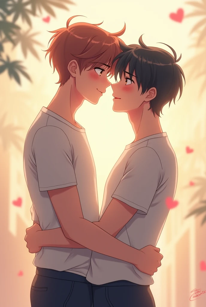Two boys hugging, one with Russian features dressed in a black shirt with long hair and the other with Japanese features