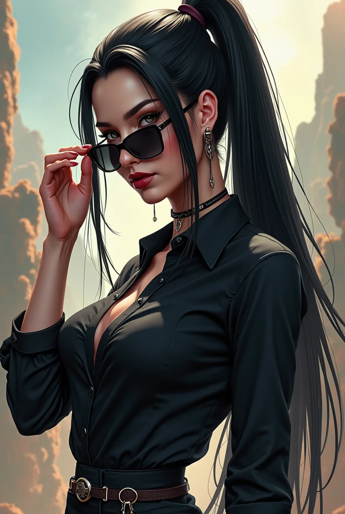 Portrait of an attractive beautiful woman with black hair with gothic costume, inspirada em "Scarlett Johansson"(altamente detalhado: 1.2), Hyper-detailed eyes and use of high-tech sunglasses with holographic display 1.2)