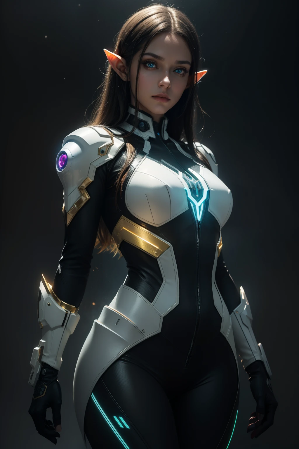 (((in hyper realistic and detailed golden lines neon-lit sci-fi plugsuit white mech armor, aethereal aesthetic style))) beauty woman brunette with realistitc horsetail hair, intricate perfect beauty face, detailed sharp eyes, detailed face, (((from face to the waist))), (((beauty shape))), masterpiece, 4k, UHD