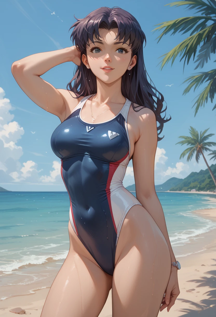 masterpiece, best quality, very aesthetic, absurdres, 1girl, mature_lady, full body, Beach Volleyball, swimming_suit, playing  Volleyball,tifa lockhart, final fantasy, long black hair, red eyes,,on beach, sweat, floating water,sunshine,sky,cloud, outdoors, ,blur background,background defocus,floating hair,
