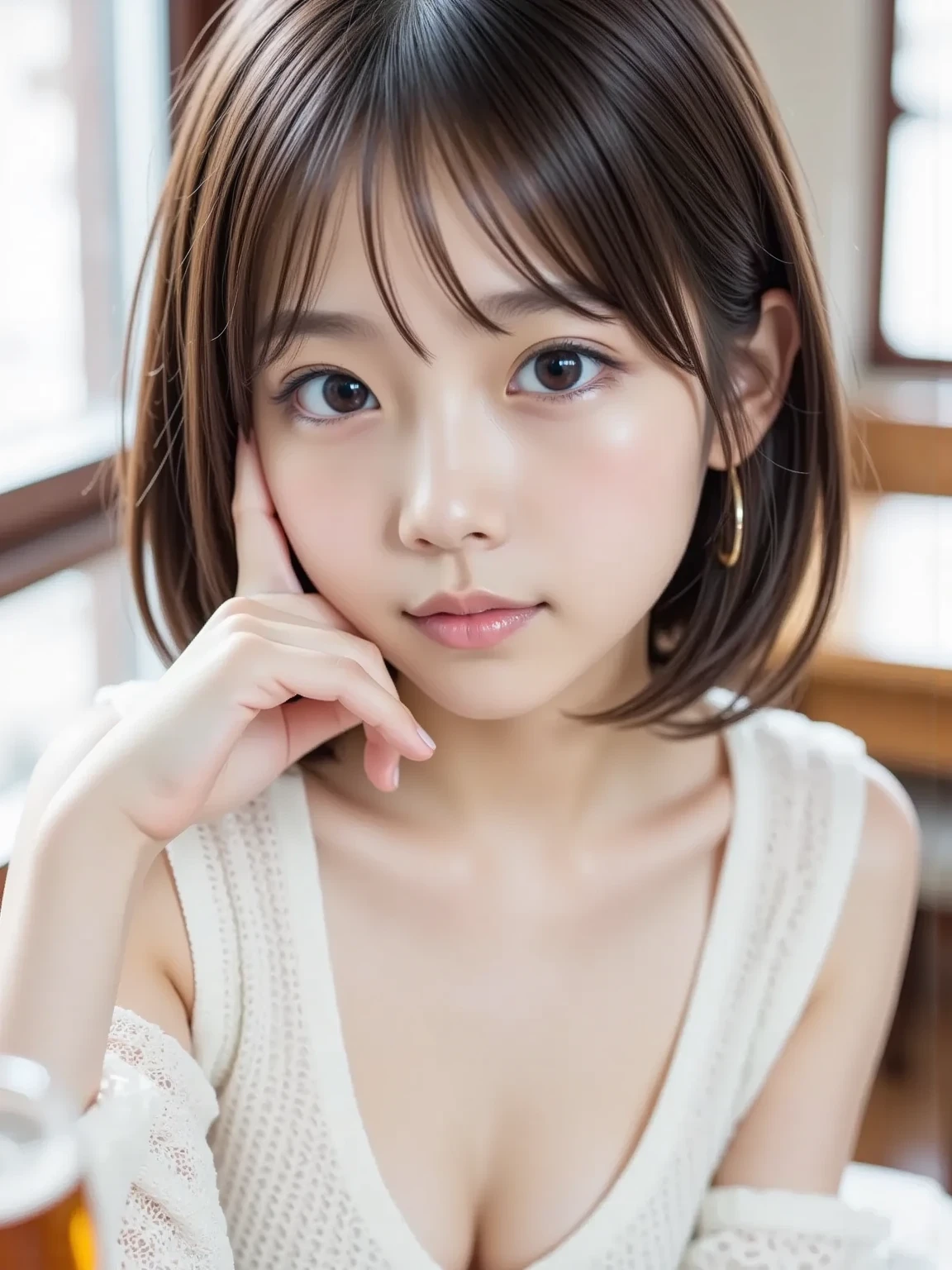 one girl,((best image quality:1.7))、((open your mouth:1.4))、((from above:1.5))、((looking up:1.5))、((sit on the floor:1.5))、((face focus:1.5))、beautiful girl, delicate girl:1.3), (15 years old:1.3)、((very small flat chest:1.4))、((Short bob cut with silver hair:1.4))、break, (Bare skin、bra、transparent:1.2),break, very fine resolution, (symmetrical eyes:1.3),(braがtransparent:1.5)、break, (お風呂場でtransparentな小さい下着を着ているbeautiful girlスナップ:1.3), (braが透けてBare skinが見えている:1.4)、perfectly trimmed fingers,break, small breasts, brown eyes, parted bangs, brown hair,break, (Eye and face details:1.0),break, (masterpiece, highest quality, Super detailed, detailed face, 8K)