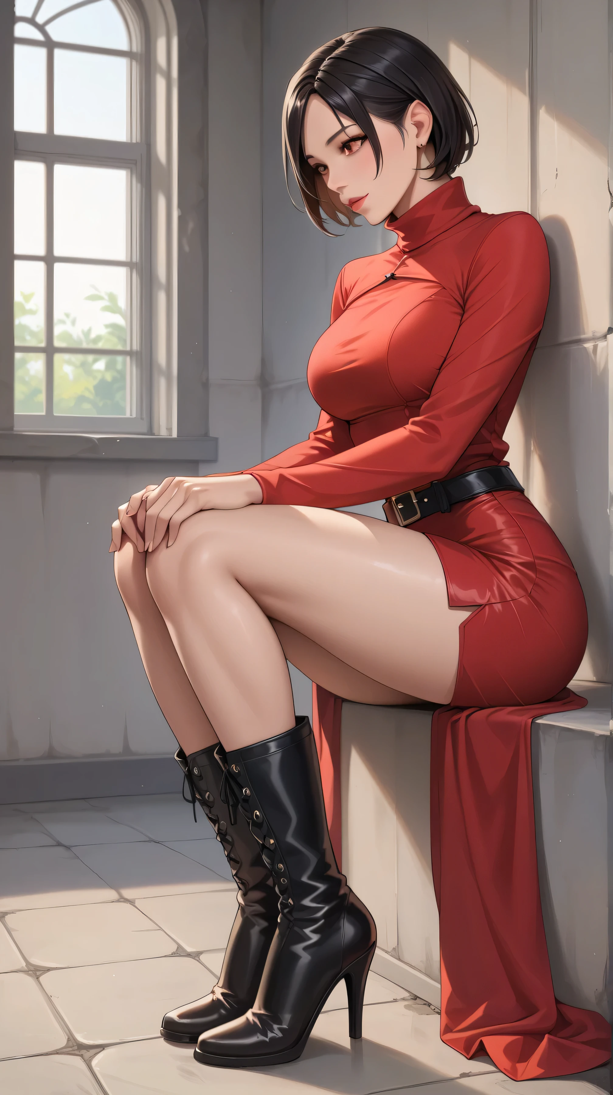A girl with black hair, shoulder length short hair, red dress, tight fitting dress, short skirt, high collar, long sleeves, black boots, knee high boots, beautiful legs, long legs, perfect figure, beautiful Asian girl, short skirt, no stockings, sitting on an abandoned wall, very long boots covering knees, legs apart, black underwear, hands holding a handgun between legs, looking at the camera, left leg tied with a black belt, high heels boots, golden ratio figure