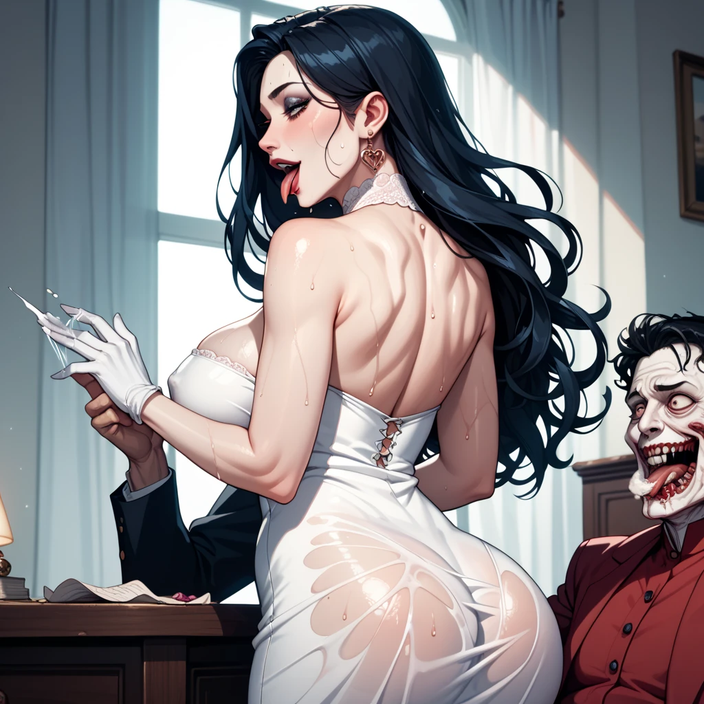 Jessica Rabbit sitting in the office, in front of a fat old black man, she is angry, he is horny, she has big tits and a big ass, she wears a red dress, he wears a shirt and tie. They are talking