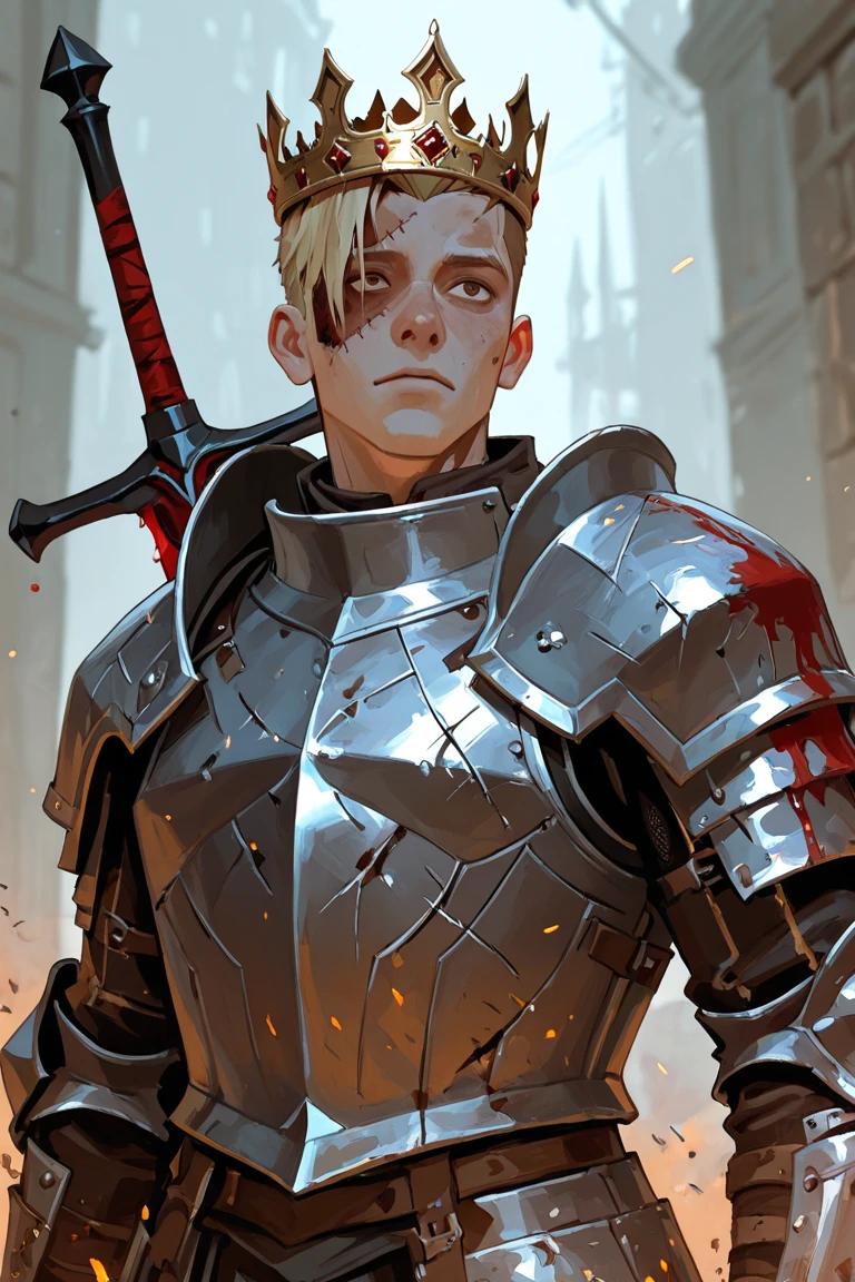 (a teenager male knight in cracked sliver armor), handsome, ((he raise a sword stained with blood)), a giant gate of castle behind him, light from the sky, lots of swords point at the knight, silver hair, black hair, gradient hair, chiaroscuro, cinematic lighting, god rays, ray tracing, reflection light, ((close-up)), masterpiece, best quality, high quality, high details, highest, accurate, anatomically correct, textured skin, UHD, 1080P