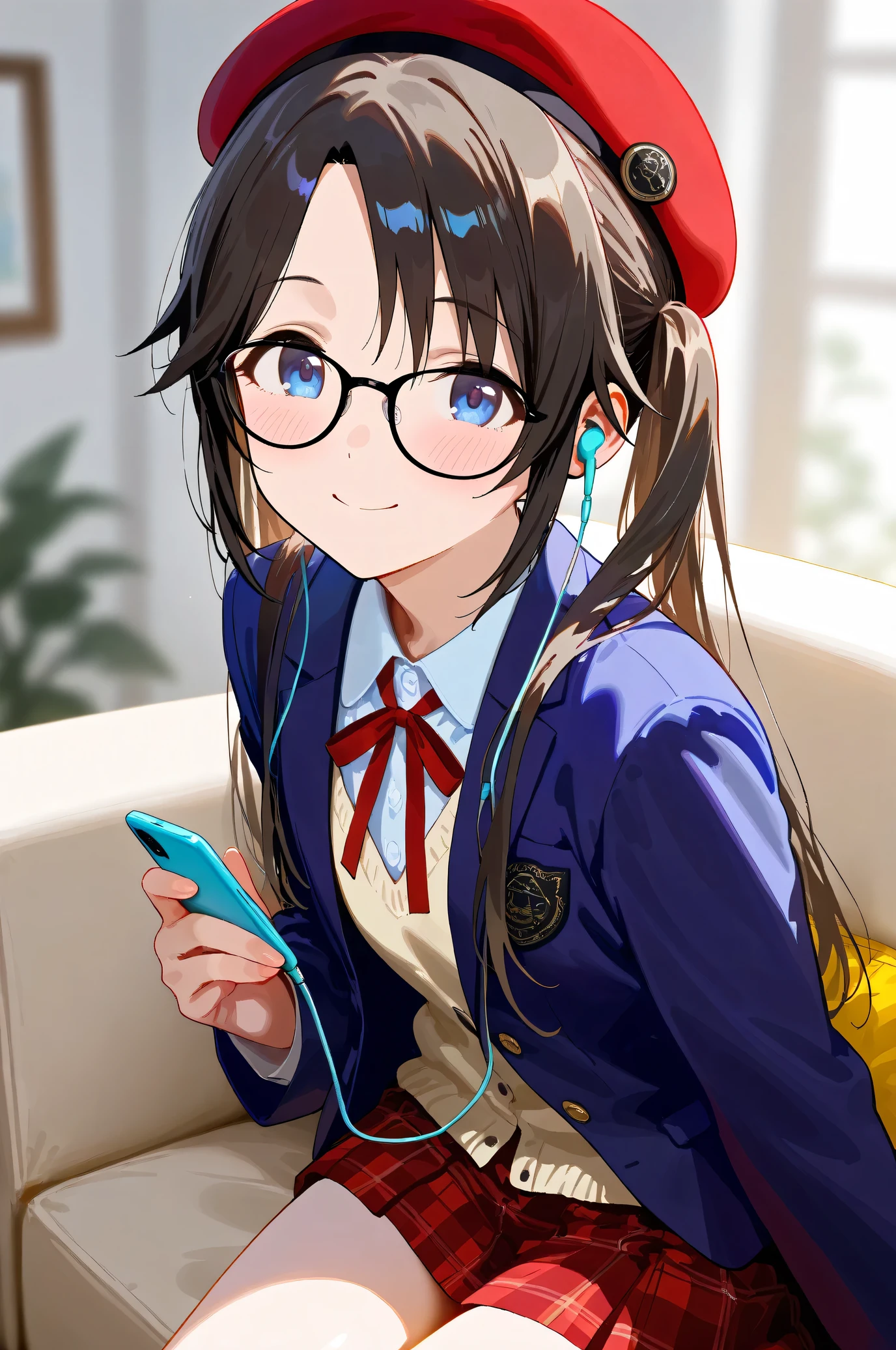 (Masterpiece), (Highest quality), (Very detailed),
(The best shape), (Best shadow), (Absurd),
(Detailed Background), (So beautiful), Shiny,
Beautiful eyes in every detail, Extraordinary, Countershading, 8k, 32K, High resolution,
Very Detailed CG, UHD,
Score_9, Score_8_up, Score_7_up, Source_anime,
(Pastel painting:1.2), (Watercolor painting:1.2),
(Masterpiece, Detailed:1.2), (Foreshortening:1.2),
Cinematic, Dramatic, (Depth of field:1.4),
(Blurry background:1.4), (Realistic background:1.4),
dynamic angle,
1 girl, Solo,
lndoor, Living room, Sofa, Light brown sofa, Cushion,
Mitsumine Yuika,
the idolmaster shiny colors,
yuikamitsumine, 1girl, Solo, Black hair, Long hair, Twintails, High twintails, Blue eyes,
Casual wear,
Beret, Red beret, Glasses, Black framed glasses,
Blazer, Open blazer, Long sleeves blazer, (Indigo blazer:1.2),
Cardigan, Red ribbon,
Skirt, Mini skirt, Red skirt, Checkered Skirt,
(Blush:1.3),
Upper body, Portrait, (Close up shot:1.4),
Happy, Smile,
(Earphones:1.2), Holding a music player,
Sitting on the sofa,
Focus on face,
Realistic skin,
Shiny skin,