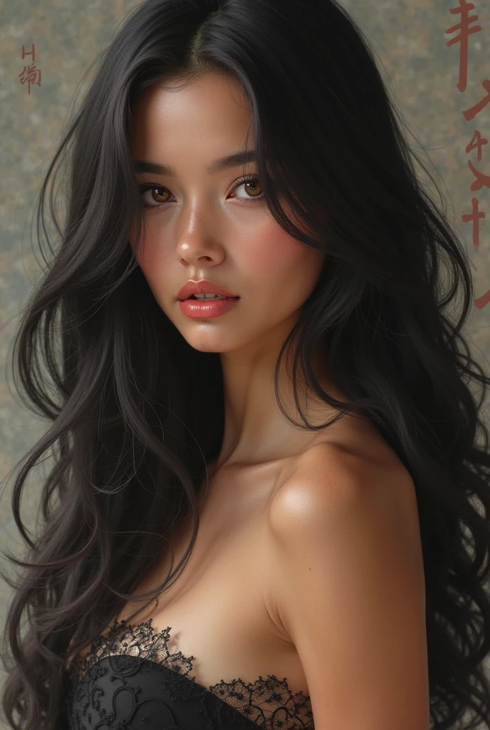 A delicate, 3D water color paint shows a full body naked beautiful Thai woman, her features rendered in subtle shading and precise lines. The framing is focusing attention on the subject's sweet face, very big eyes, very high nose, thick and long eyebrow, thin and wide lips, sexy look. Soft, feathery strokes convey the gentle texture of her long hair,  small and firm breasts, bare foot, large pussy,