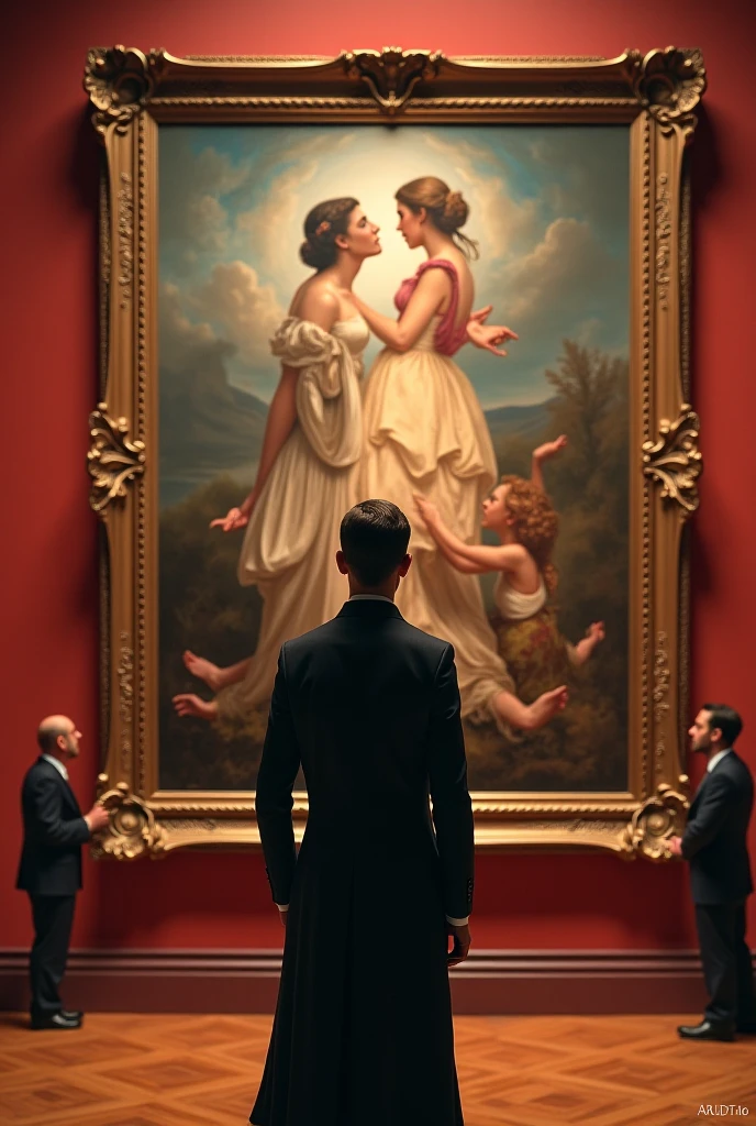 in rubbens and roberto ferri art style, balanced composition, the elements of the painting have natural proportions, golden ratio, ultra-detailed elements, no people in the image, in a museum. a 4 man watching a huge oil painting with a train, a mountain, a river, a orange tree, a white tree, a blue house, a black horse, a young slender perfect detailed body man standing by the river staring to the viewer, gold gears, 8k resolution, Mysterious