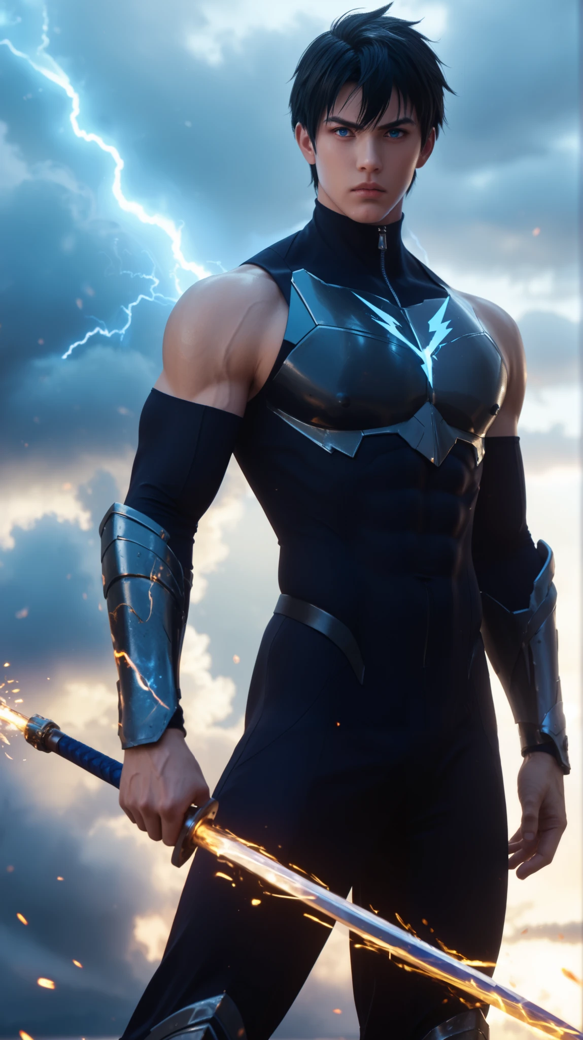 Sung Jin-Woo from Solo Leveling, standing in a powerful, imposing stance. His black battle suit is infused with crackling blue lightning veins, pulsing with energy. His piercing blue eyes glow menacingly, exuding an aura of overwhelming power. His muscular physique is wrapped in a living shadow armor, tendrils of darkness extending and moving around him. He holds a sleek, dark blade in one hand, shimmering with ominous energy. The background is a stormy battlefield, with embers and sparks floating through the air, an eerie mist surrounding the scene. Epic anime style, highly detailed, cinematic lighting, ultra-sharp textures, 8K resolution, dramatic close-up shot, dynamic composition --ar 16:9 --v 6 --style raw --q 2 --stylize 750