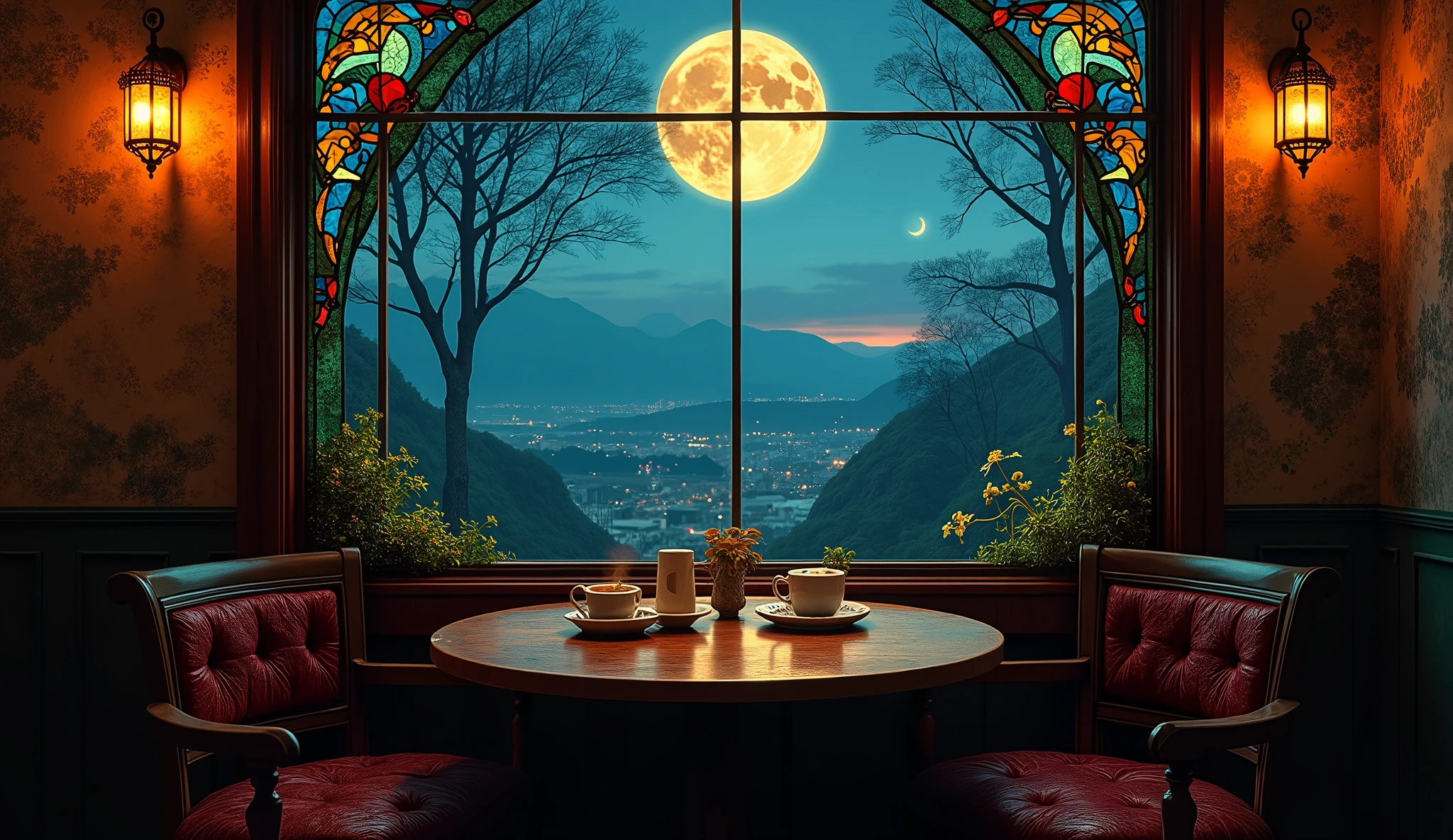 hyper detailed, detailed, ultra detailed, background,midnight cafe, in the rétro cafe, with a stained glass, with a window, with a table on tea,moonlight, cinematic lighting, depth of field, deep focus, low saturated colors, with a crescent moon, photorealistic, ultra realistic photo, from front, deep focus, depth of field,4K,8K, Pure Cafe, retrofuturism architecture, hyper detailed, ultra detailed, detailed, cinematic lighting, photorealistic, ultra realistic photo, hyperrealistic photo, full body shot, from front, retrofuturism architecture, absurdres, 16K, depth of field.dynamic,