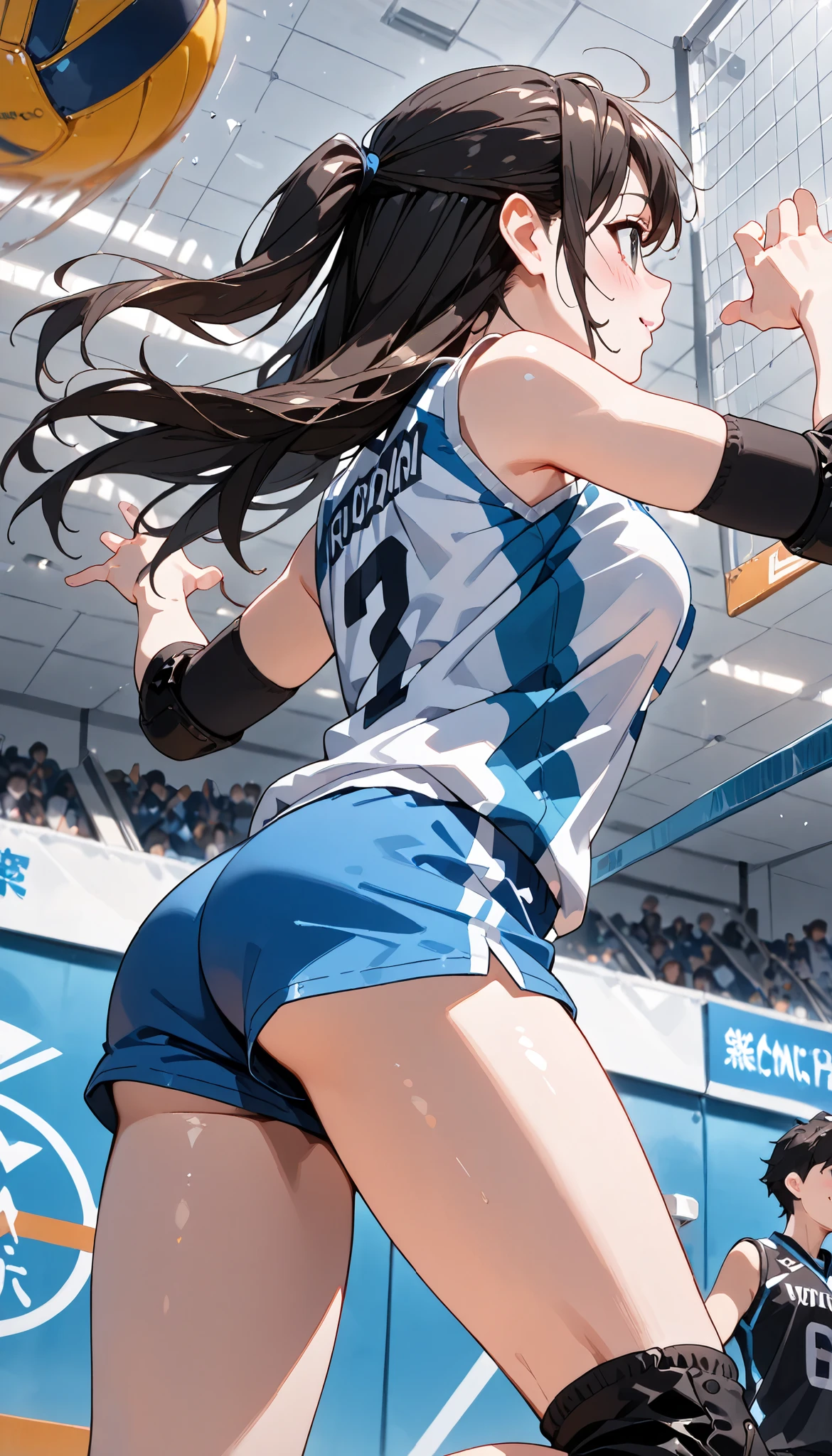 ((ultra-detailed)), (highly detailed CG illustration), (best quality:1.2), ultra-highly detailed, colorful composition, artistic photoshoot, 1girl, solo focus, ((thigh to top:1.4)), ((cowboy shot:1.4)), moe anime character, age girl, dainty facial structure, (baby face), (round face), ((rounded chin:1.2)), ((ideal ratio body proportions)), celia-default, celia claire, blue eyes, ((wearing glasses:1.4)), ((round eyewear:1.4)), black hair color, long hair, half updo, (hair ribbon with red), ample breasts, Volleyball uniform, sportswear, elbow pads, elbow sleeves, knee pads, sleeveless, shorts, shorts, ((smile)), ((blush:1.4)), ((Volleyball spikes)), balls, ((jumps)), volleyball (object), volleyball, volleyball net, raise your arms, look up, ((from behind:1.4)), dynamic pose, contrapposto pose, best quality, expecting, pink cheek, blush, light pink gloss slip, portrait, depth of field, soft lighting, sidelighting, (shine), lighting, caustics, ray tracing, perfect face, lustrous skin, highly detailed face, highly detailed eyes, perfect face, perfect nose, perfect hair, perfect eyes, perfect anatomy, beautiful hair, beautiful small face, extremely detailed face, beautiful detailed eyes, beautiful clavicle, beautiful body, beautiful ample breasts, leavage, breasts squeezed together, equalize the size of the left and right breasts, beautiful thin thighs, beautiful legs, beautiful fingers, ((4 fingers)), 1 thumb, lovely, (very detailed background:1.0), (highly detailed background:1.0), summer aesthetic, intricate details, shy atmosphere, summer colors palette, chromatic aberration