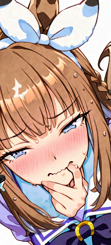 masterpiece, best quality, ultra-detailed, illustration, kawaii, detailed light, happy,, scared,  smile, ahegao, rolling eyes, blush, mini Highlights hair, detailed sparkling eyes, 1girl, looks from the bottom up, Model with open mouth, men's big penis is inserted into the mouth, model lips envelop the penis,  Each hand holding One very realistic big penis pointed at her face.