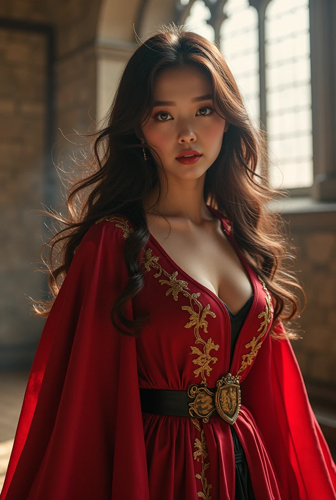 beautiful chic business woman, stately, stately chinese woman, elegant gown, red form fitting dress, long sleeve dress, black pencil skirt, deep v, delicate gold necklace, delicate gold body chains, chic and stylish, stately and mature, powerful executive, delicate bangle, wearing a short cape, busty, beautiful woman, cold lighting, asian woman, cleavage, short cape, gold chain embroidery, brutalist white marble room, gold buckles and chains, bay window, gold wireframe harness, snowy mountain peaks outside, slutty and kinky, body chains, portrait, portrait of a beautiful woman, mountains visible through window, small warm fireplace, bay window, ebony furniture, beautiful and powerful chinese woman, delicate body chains, confident and powerful, gold necklace, seductive and confident, pale skin, brutalist superstructure, vast brutalist room, ((lots of jewelry and chains)), cleavage, black hair, in front of skyline, busty, confident and powerful, stately outfit, slutty dominatrix, snowy brutal mountains outside,
