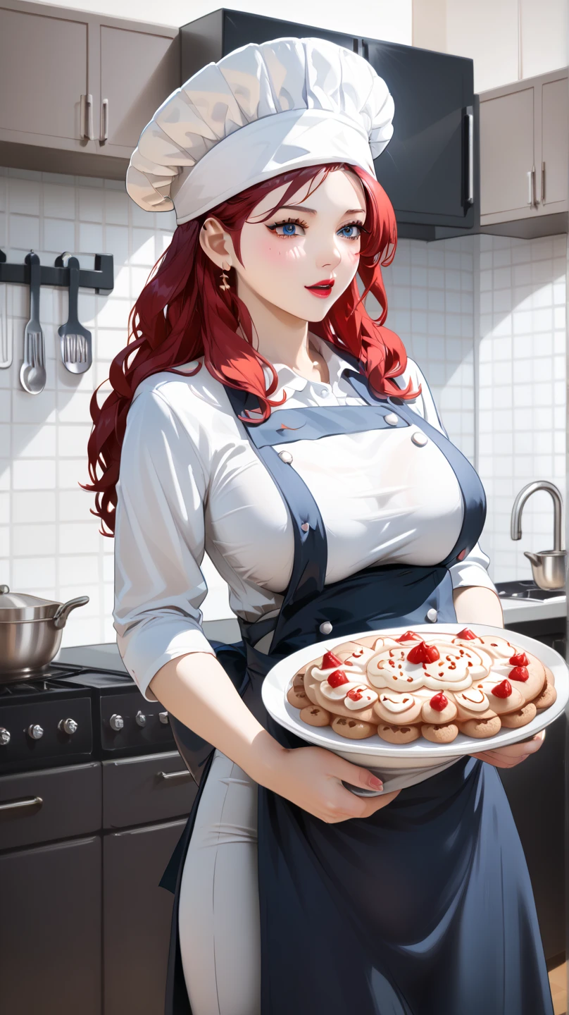 woman with tattoo, (([red|black] hair)), long hair, wearing a black apron,  Cooking, look at the viewer, kitchen, cake and pie in the background,  in room, (soothing tones:1.0), (HDR:1.25), (ArtStation:1.2), dramatic, (complex parts:1.14), (hyper realistic 3D rendering:1.16), (cinematic:0.55), (rutkowskyi:1.1), (faded:1.3),Shine,ultra detail,masterpiece,Full drawing of the painting,High quality robot,wallpaper,Goddess of cooking,Attractive,The most delicious food