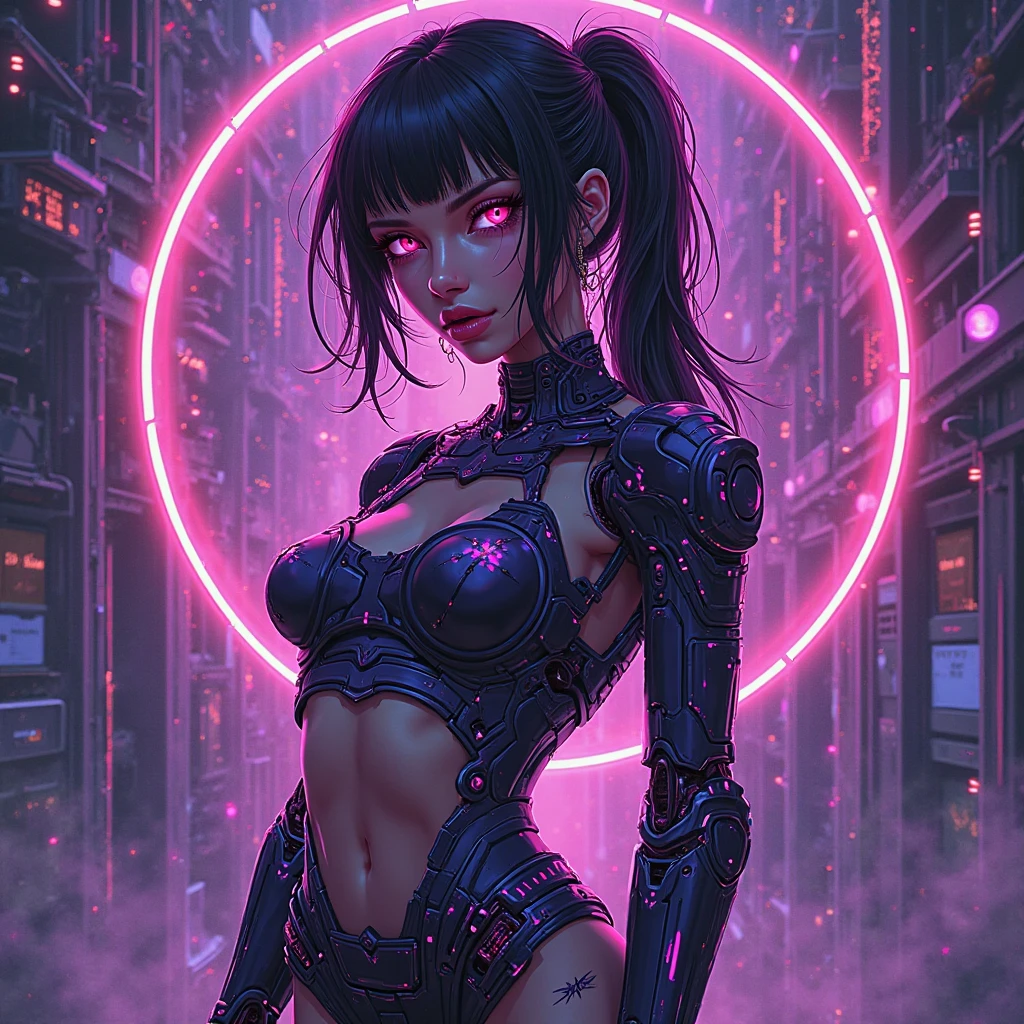 Create an anime-style illustration of a dynamic and stylish female character that embodies the energy and excitement of an EDM song. She should have a futuristic and vibrant look, with bright neon colors and glowing accents. Her outfit should be modern and edgy, perhaps featuring elements like a sleek bodysuit or holographic accessories. The background should be a high-energy, abstract scene that complements the EDM theme, with pulsating lights and geometric shapes. Capture her in a lively pose, reflecting the rhythm and intensity of the music, and ensure her expression conveys enthusiasm and passion for the beat.