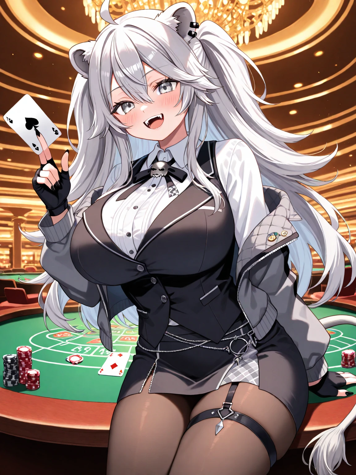 (Best quality, A high resolution, Textured skin, High quality, High details, High details,Extremely detailed CG unity), Enchanted，having fun，Being in love，poker dealer in fantasy world, white hair, red eyes, pig tails, long pig tails, fancy hair, hair decoration, bow in hair, red lipstick, exquisite costumes，red tuxedo, sexy, solo person, A small amount of white lace，Dazzle, woman, beautiful, (dealer), female poker dealer, working, female working at casino, (sophisticated casino), (in luxurious casino), (dealing cards), detailed fancy casino, detailed fancy casino, large breasts, big breasts, huge breasts