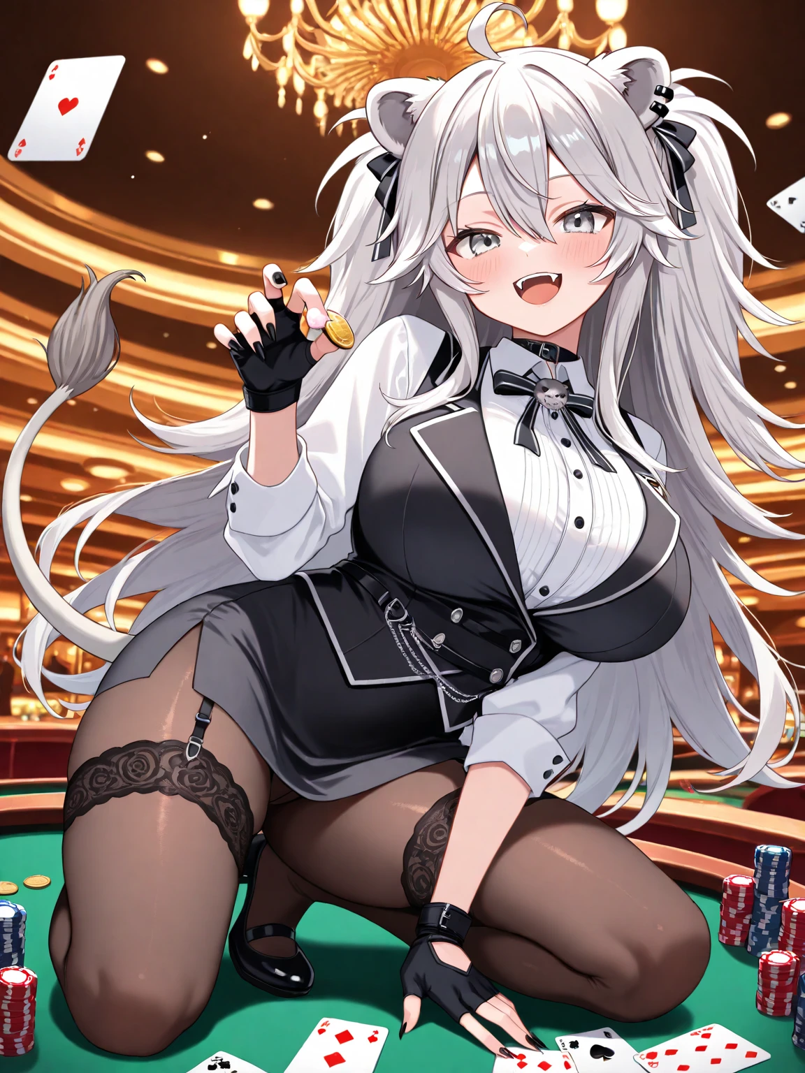 Transcendently Beautiful Girl, (masterpiece face, masterpiece eyes:1.1), BREAK, (black gal), (Dark skin:1.5), (long Blonde Hair Pink Gradient Hair), BREAK, Flat_Chest, Huge_breasts, wide_lower back, Open your mouth and laugh smile, long eyelashes, makeup, BREAK, Bunny Girl, Rabbit ear, Rabbit tail, Enamel Leotard, wrist_Cuffs, bowtie, Black_pantyhose, high_heels, BREAK, (Five Fingers, 4fingers and 1thumb), (Bare arms, Bare shoulders), (ass), Casino, Roulette table, Lots of coins, Masterpiece, best quality, captures a super cute moment, depth of field, ultra detailed, ultra high resolution, C4D, Octadale, 3D modeling, 8k, 16k,