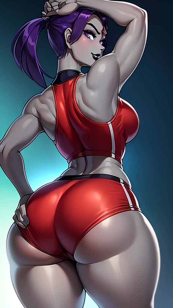 cammy sf6, choker, 1 girl, standing alone, looking ahead at viewer, blue colored eyes, scar on the face, red gloves, scar on cheek, muscular, antenna hair, hand on hip, black choker, thick-thighs, hair blonde, gloves fingerless, shorth hair, thick-thighs, muscular female, tummy, (((standing backwards))), (((big-ass))), focus on the ass, wearing pink lingerie
