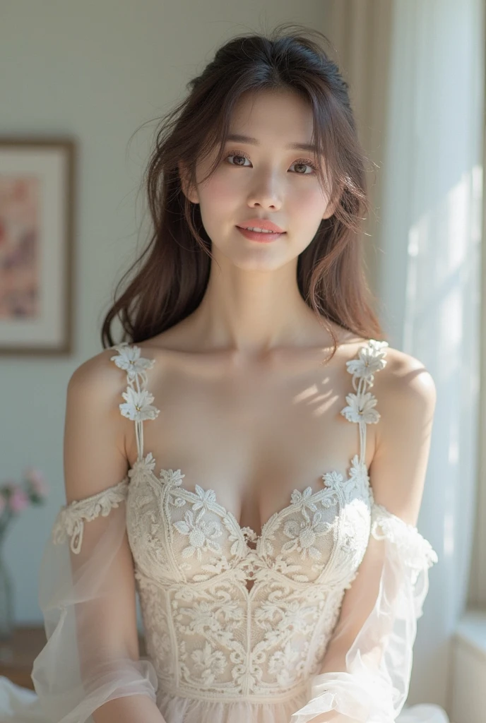 Nikon Z 85mm, ((highest quality)) ((masterpiece)), intricate details, sharp focus, professional, photorealistic, real life, surrealistic, photorealism, silhouette lights, fine details, highest quality, highly detailed CG Unity 8k wallpaper, perfect artwork, upper body, shiny hair, glowing eyes, shiny skin, realistic, perfect female figure, constricted waist, camera gaze, lace, seductive posture, sexy pose, very delicate and beautiful, best quality, beautiful detailed girl, beautiful fine eyes, face lights, cinematic lighting, see-through, white pajamas, transparent material, buttock exposure, realistic expression of face, (intricate details, makeup, (detailed beautiful delicate face, detailed beautiful delicate eyes, Face) Perfect proportions, detailed skin, detailed skin, best ratio of four fingers and one thumb, arms under chest, medium large breast, smooth upper abdomen, lean and thin, fashion, solo, (young), face highlight, upper body, detailed face, white skin, silver hair, ponytail, braid, big eyes, nightgown, earrings, slim body, luxury room, Professional Writing, Tear Robes, One Girl, Hairy Hair