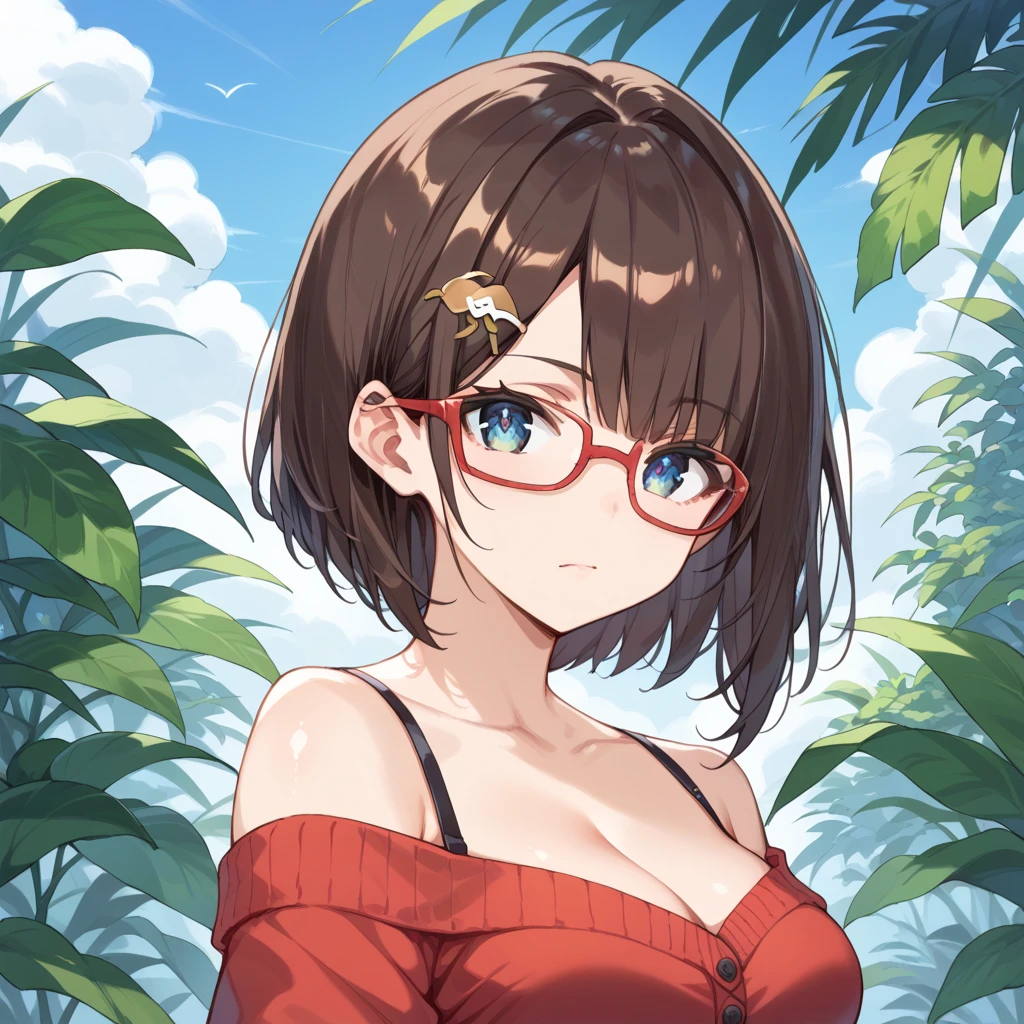 Mie Ai、1 girl、Wavy hair、glasses、small breasts、he is short、slender body、、High resolution、highest quality、detailed face、beach、white micro bikini、looking here、puffy nipple、cowboy shot、squat