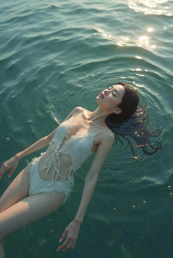Gorgeous sand, clear water, beautiful woman floating in it, she is about to leave the surface and stand in the water, her eyes shining with crystal light.