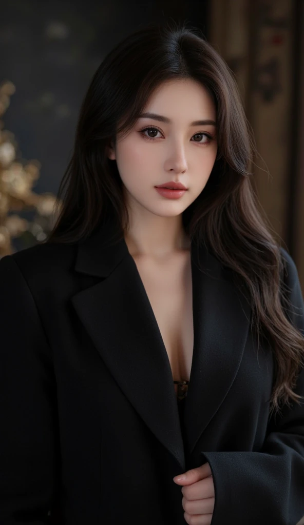 ((4k)),((masterpiece)),(best quality),((ultra detailed)), ((realistic)), (long Hair),((cinematic lighting)), depth of field, (dynamic angle),((beautiful detailed eyes), ((dynamic pose)), pretty face, red lip, large boobs, ((detail face)), cleavage, ((office suit:)), perfect body