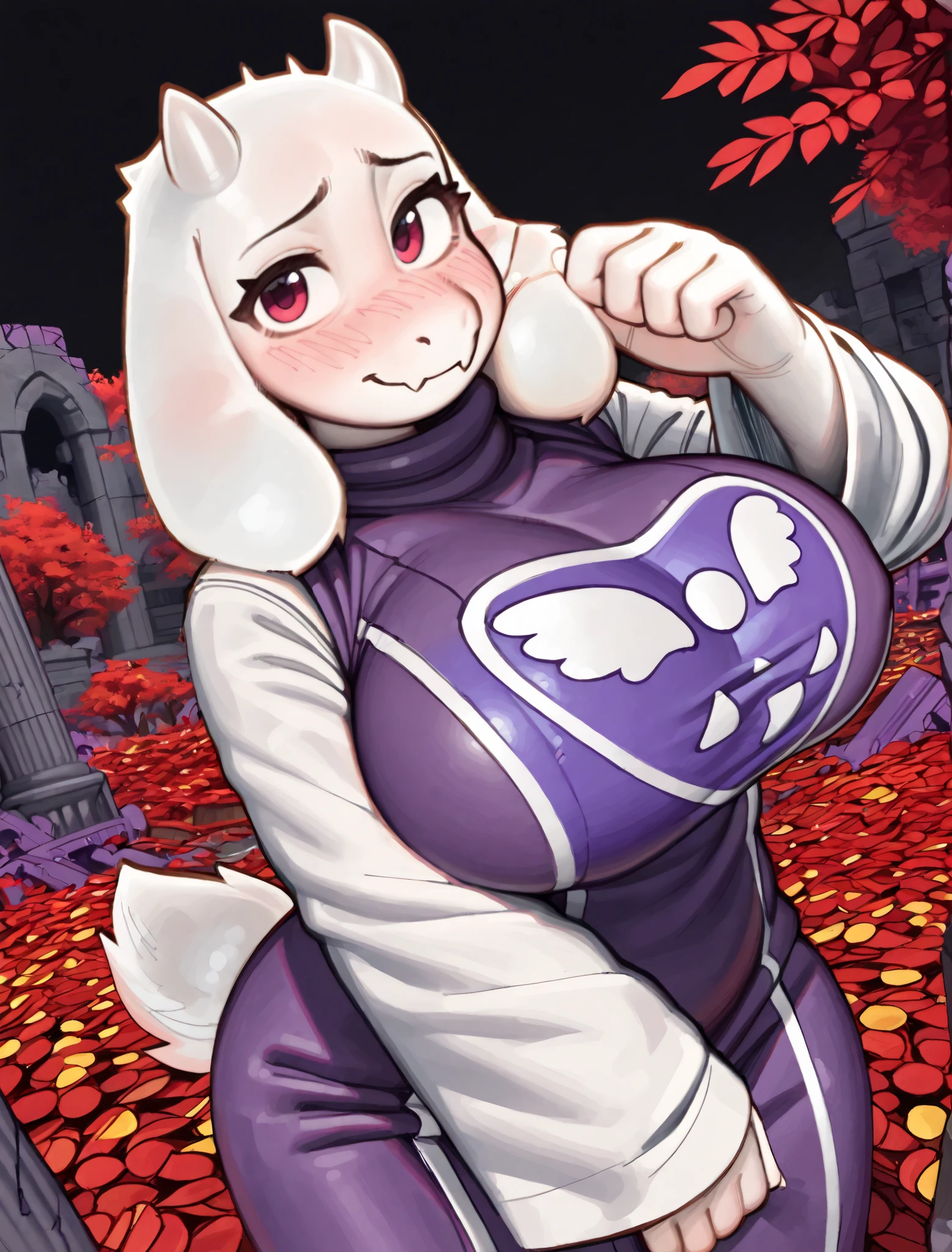 ((toriel)), ((Undertale)), ((pixelsketcher)), ((wamudraws)), ((masterpiece)), ((high resolution)), ((solo portrait)), {(attractive figure), (large breasts), (white fur), (white nose), (cute maroon eyes), (short eyelashes), (short goat horns), (short fluffy tail), (embarrassed smile)}, {(purple robe with white rune print), (white sleeves)}, {(standing), (looking at viewer)}, ((purple ruins)), ((black leafless tree)), ((red leaves pile)), ((black sky))