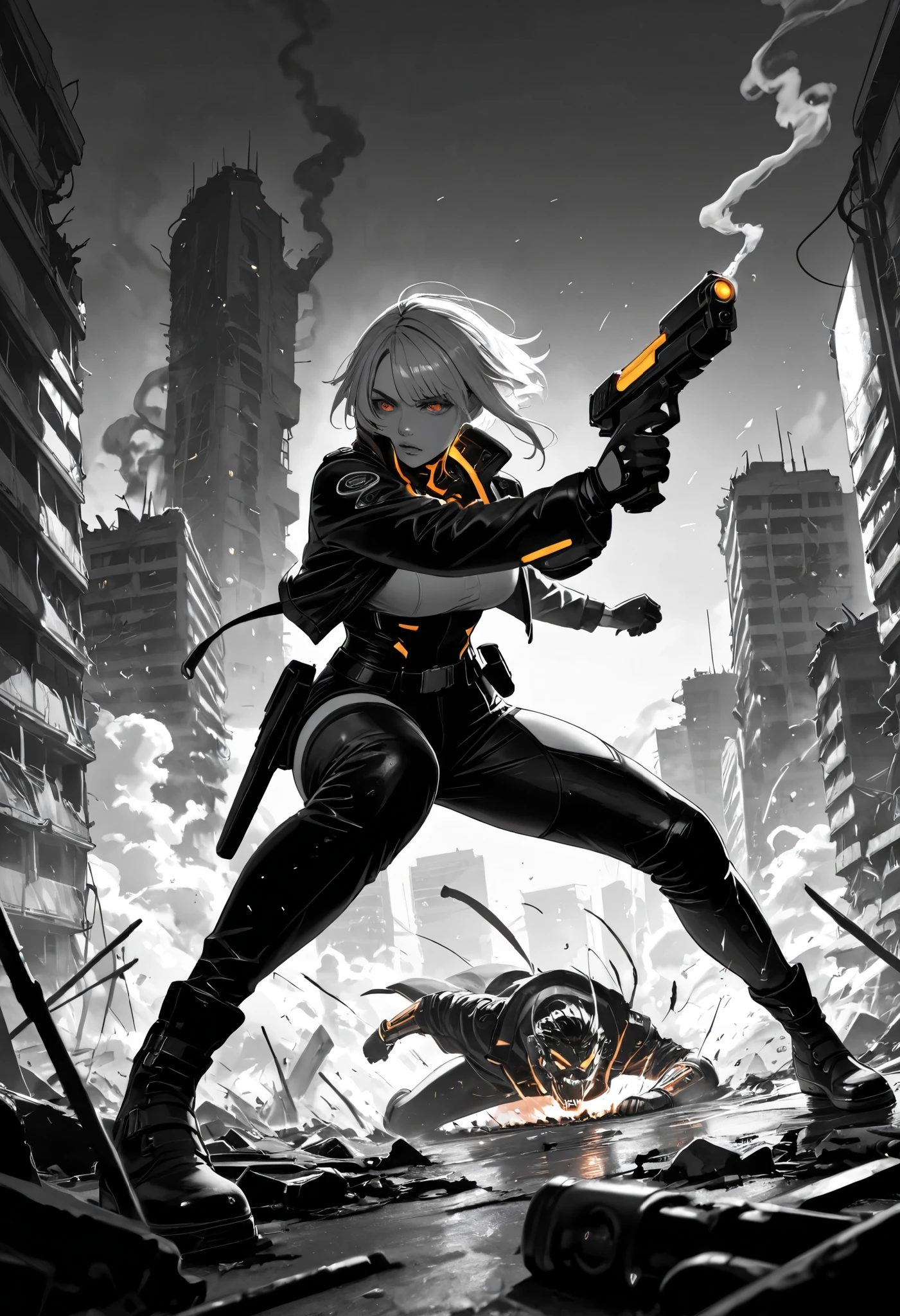monochrome, black and white, line art, a cyberpunk city turned into a battlefield, beautiful and lovely female warriors fighting with leather guns, flames, smoke, ruins, speed lines, motion blur, action blur, highly detailed, sharp focus, vivid colors, soft lighting, cinematic composition, extremely delicate depiction, extremely clear image, 2.5D, artistic photography, hyper realistic, ultra detailed, absolutely resolution, masterpiece