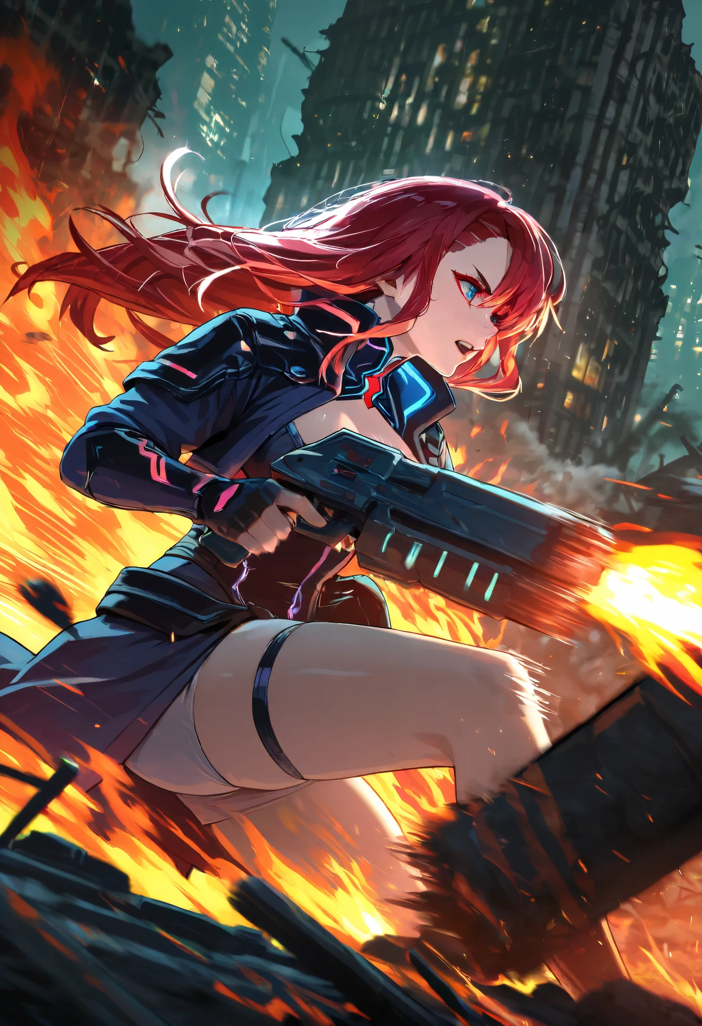 a cyberpunk city turned into a battlefield, beautiful and lovely female warriors fighting with leather guns, flames, smoke, ruins, speed lines, motion blur, action blur, highly detailed, sharp focus, vivid colors, soft lighting, cinematic composition, extremely delicate depiction, extremely clear image, 2.5D, artistic photography, hyper realistic, ultra detailed, absolutely resolution, masterpiece