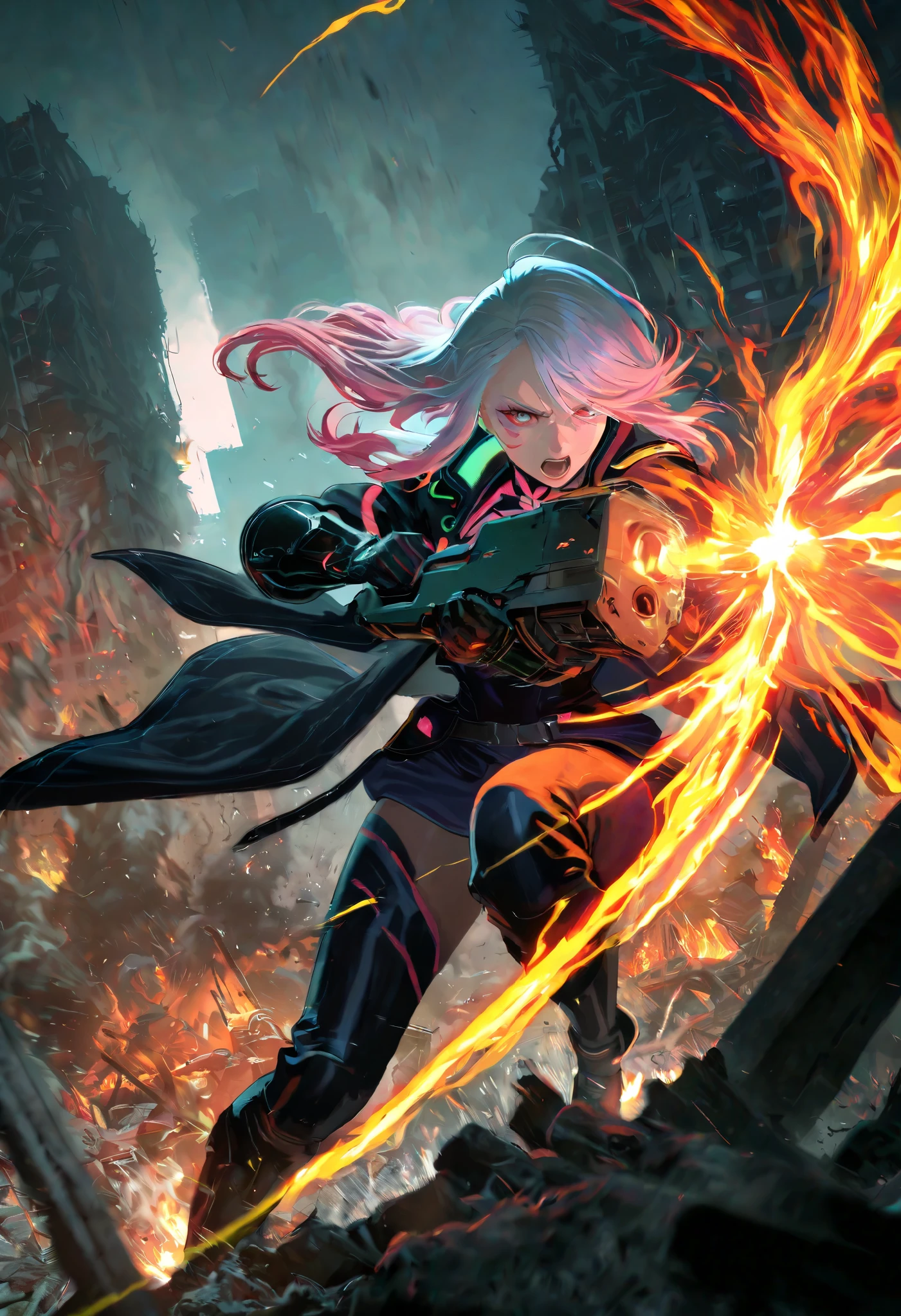 a cyberpunk city turned into a battlefield, beautiful and lovely female warriors fighting with leather guns, flames, smoke, ruins, speed lines, motion blur, action blur, highly detailed, sharp focus, vivid colors, soft lighting, cinematic composition, extremely delicate depiction, extremely clear image, 2.5D, artistic photography, hyper realistic, ultra detailed, absolutely resolution, masterpiece