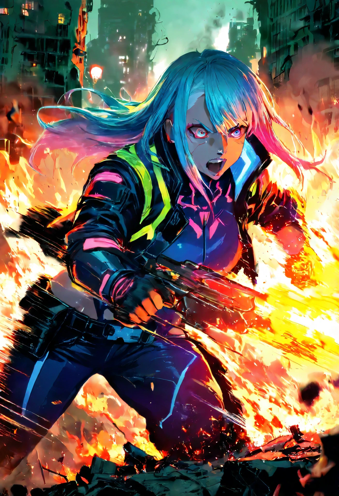 a cyberpunk city turned into a battlefield, beautiful and lovely female warriors fighting with leather guns, flames, smoke, ruins, speed lines, motion blur, action blur, highly detailed, sharp focus, vivid colors, soft lighting, cinematic composition, extremely delicate depiction, extremely clear image, 2.5D, artistic photography, hyper realistic, ultra detailed, absolutely resolution, masterpiece