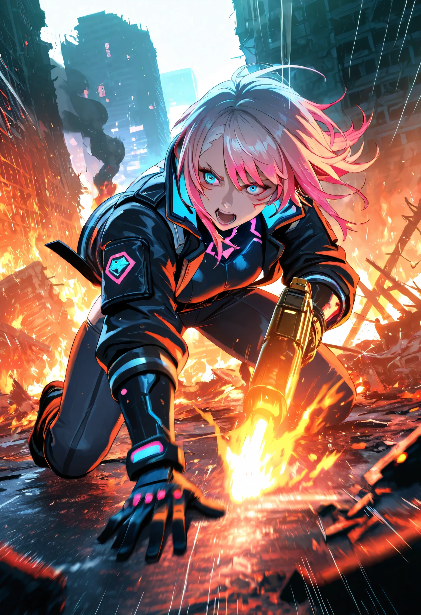 a cyberpunk city turned into a battlefield, beautiful and lovely female warriors fighting with leather guns, flames, smoke, ruins, speed lines, motion blur, action blur, highly detailed, sharp focus, vivid colors, soft lighting, cinematic composition, extremely delicate depiction, extremely clear image, 2.5D, artistic photography, hyper realistic, ultra detailed, absolutely resolution, masterpiece