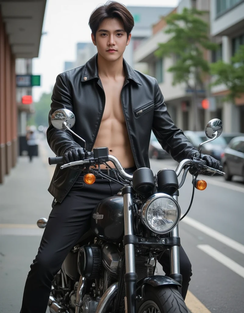 Take off shirt, have a six-pack, you're skinny, you're wearing red underwear., brown hair (gray eyes: 1.35), Thai guy, handsome ager, rides a cool motorcycle, bokeh, mass effect, long distance, fullbody image fking_cinema_v2