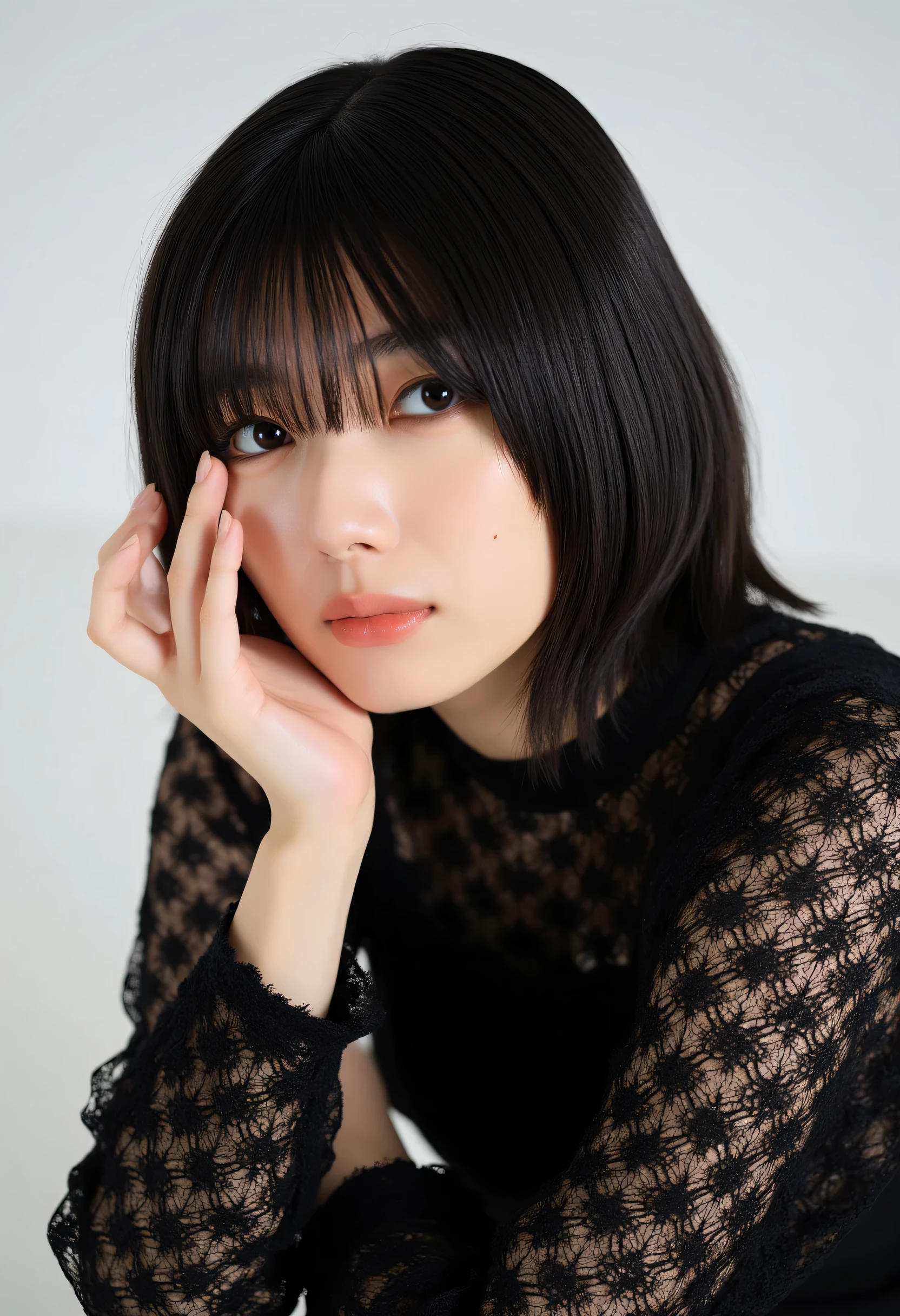 Karin, この画像の特徴teeth ■ スタイリッシュin芸術的なポーズをとっているように見える若い女性. 彼女teeth体を少し横に向けた, I am wearing. 彼女の姿勢teeth落ち着いているが自信に満ちている, の要素を組み合わせたものinす. この女性teeth、adds refinement and appeal to the image Sheer Black Lace Tops, teeth、adding refinement and appeal to the image. リビングルームin怖がってひざまずく, in、creates a visually appealing texture. 彼女の髪teeth真っ直ぐin黒い, Falls naturally onto the shoulders. 画像の全体的なテーマteeth、Her head is tilted slightly、fashion where you put your hands gently on your face, Elegance, And contemporary art., This young woman's name is Karin.