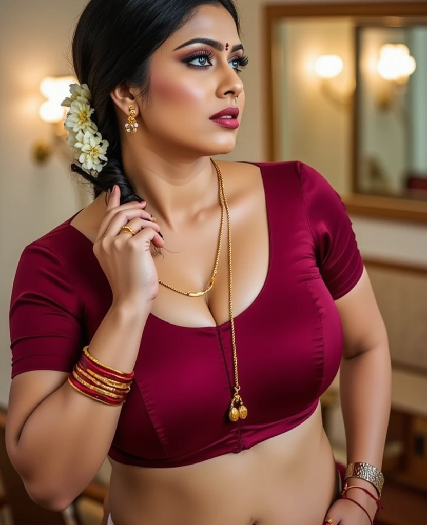 Looks like Sandeepa Dhar, Extremely gorgeous, round face, shoot for a famous cosmetics brand, shoot for top health magazine cover Page, bold photoshoot, bold looks, body positivity, dark skin, stunning beauty, ravishing, spicy hot, sizzling hot, sensual shoot, artistic sensual photograpy, thick figure, curvy, Thick navel, sexy tempting lady, sexy navel folds, fleshy figure, woman with a flower in her hair and a flower in her hair, closeup portrait shot, movie stills photography, traditional beauty, body sweat, glistening skin, skin texture, skin pores, traditional clothes , traditional female hairstyles, pretty face!!, shot on sony alpha dslr-a300, indian woman with brown skin, indian goddess, traditional makeup, movie stills, actress, close - up portrait shot, detailed portrait shot, ultra HD, hyper realistic, hyper realistic skin, High level professional photography, insane details, freckles 0.1, beautymarks, real photograph, add every possible elements to make the photo as real photograph,